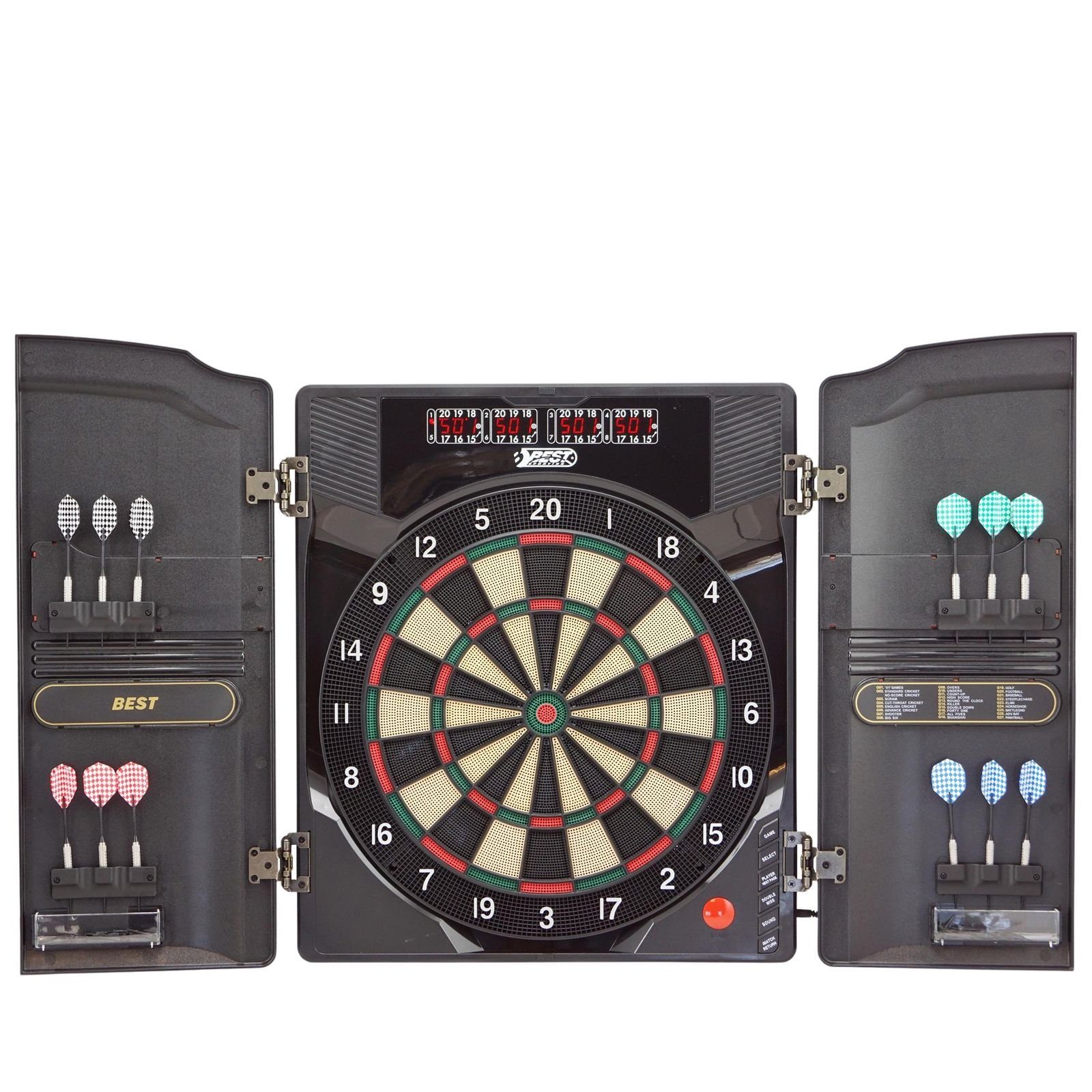 B Best Sporting Dartautomat Dartboard mit Oxford elektronische 2.0 Dartscheibe Walnuss-Optik LED-Anzeige, Kabinett mit