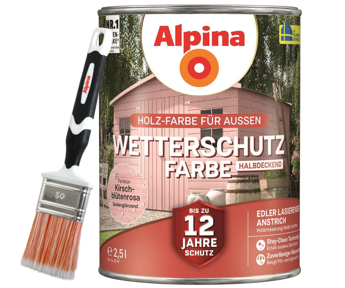 Alpina Holzschutzlasur - Set - Wetterschutz-Farbe halbdeckend 2,5L+Pinsel 50mm
