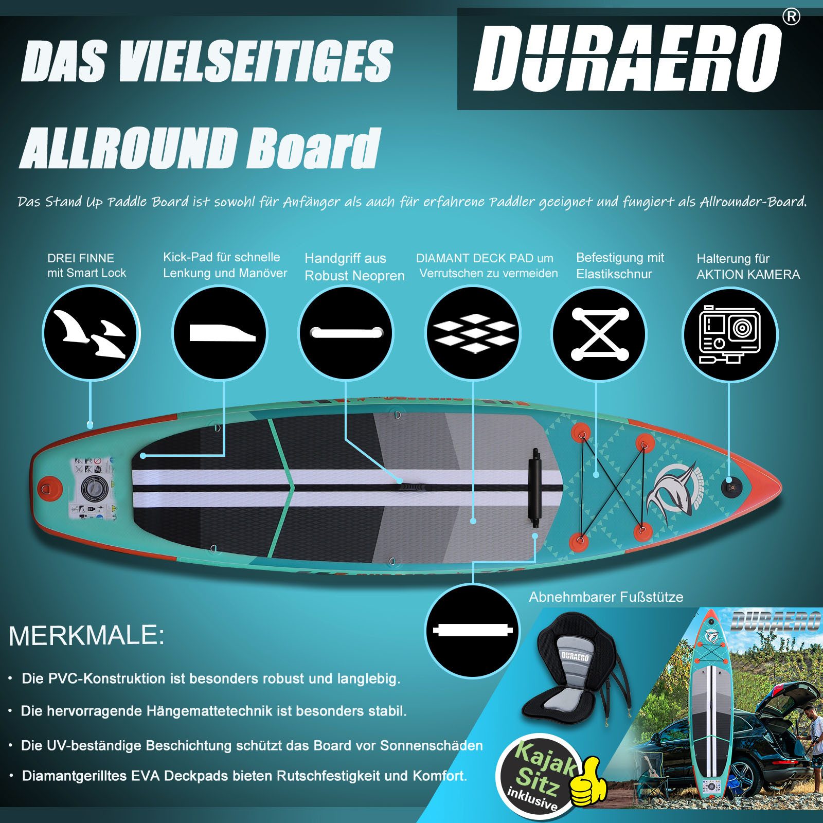 DURAERO Inflatable SUP-Board Stand up Paddling Board, Action-Cam Halterung, 330x76x15cm, bis 150kg