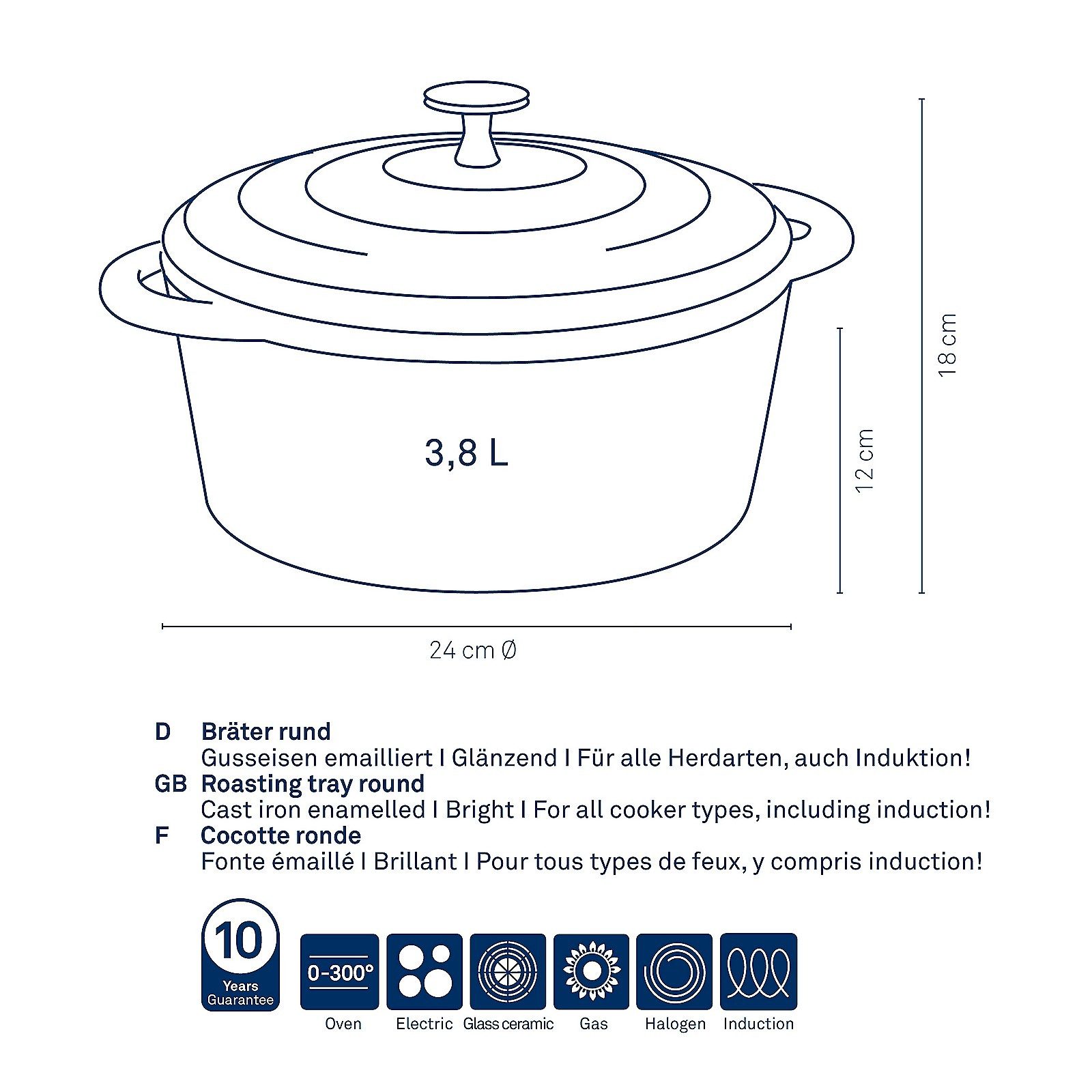 kela Bräter Calido, Gusseisen, emailliert, gute Wärmespeicherung, Induktion, Allherdboden, bis 300°C