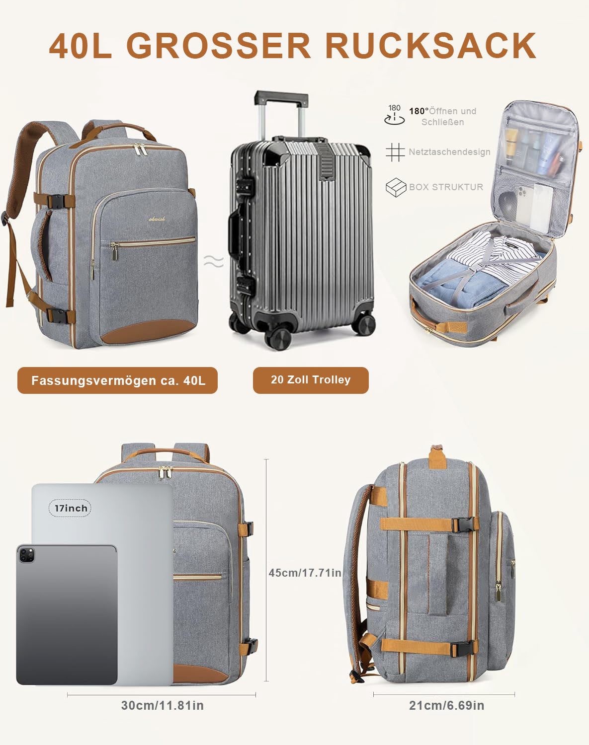 HAUSS SPOLE Reiserucksack 4-teiliges Schultasche Handgepäck Wasserdicht, 40L, 17 Zoll Laptop (3 Aufbewahrungstaschen mitgeliefert Reisen Notebook Laptop Rucksack, Anti-Diebstahl, Backpack mit Laptopfach, Handgepäck, 40L Groß), für Herren Damen Jungen Teenager Freizeit Arbeit Business Reisen