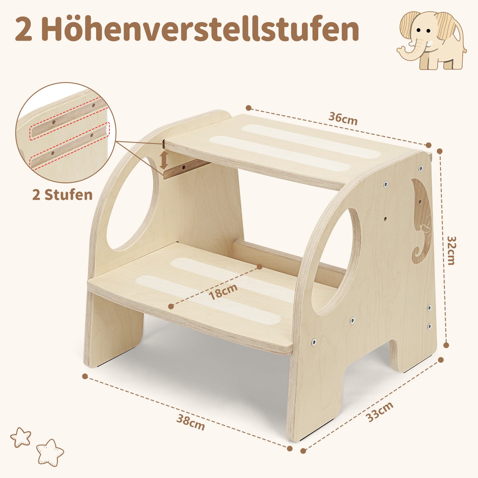 OSTWOLKE Tritthocker mit 2 Stufen Holzhocker für Kinder Montessori Hocker (1 St), Kindertreppchen Schemel für Bad, Küche, Kinderzimmer ab 2 Jahre – Bild 4 von 5