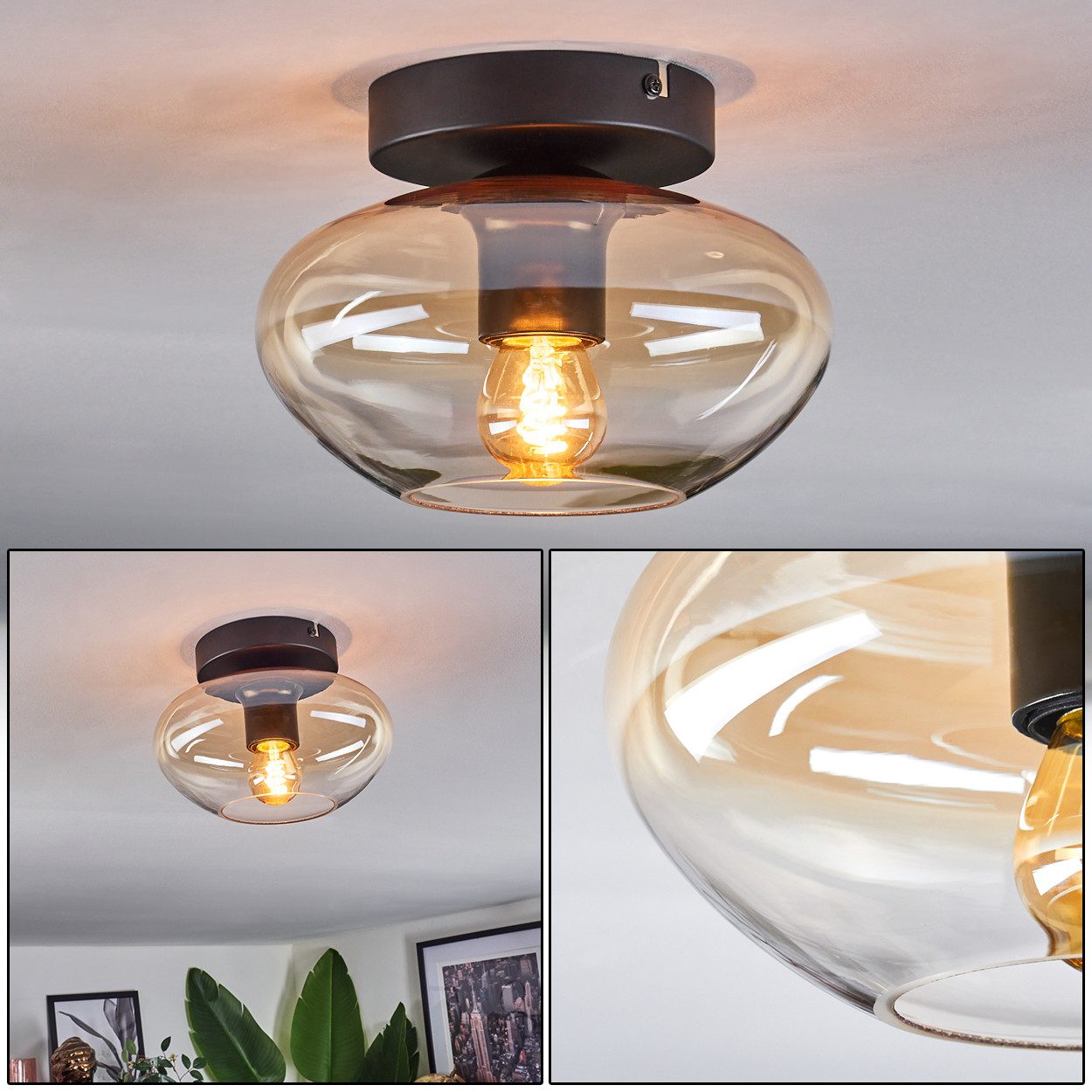 hofstein Deckenleuchte Deckenlampe aus Metall/Glas in Schwarz/Bernsteinfarb günstig online kaufen