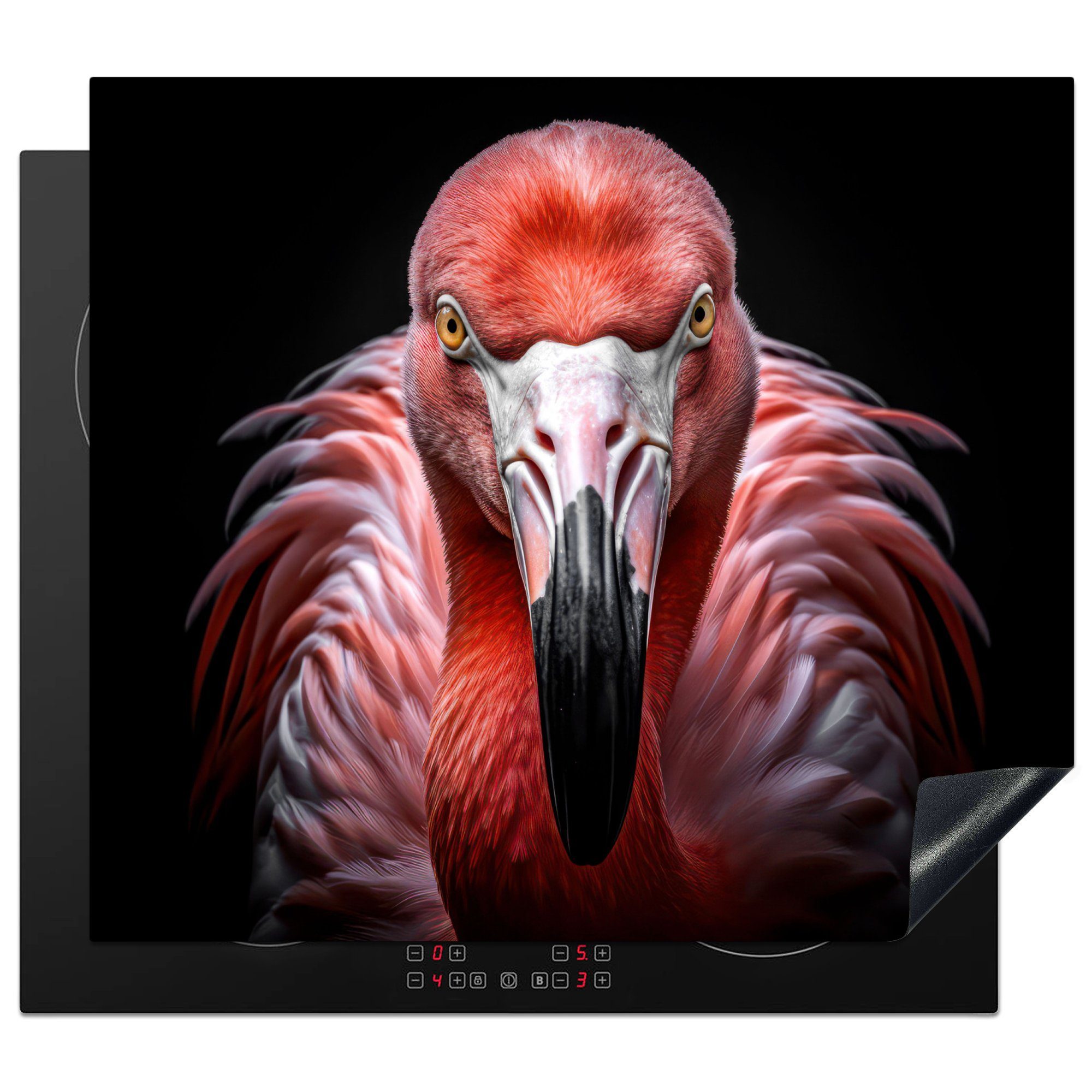 MuchoWow Herdblende-/Abdeckplatte Flamingo - Vogel - Porträt - Tiere - Schwarz, Vinyl, (1 tlg), 60x52 cm, Mobile Arbeitsfläche nutzbar, Ceranfeldabdeckung