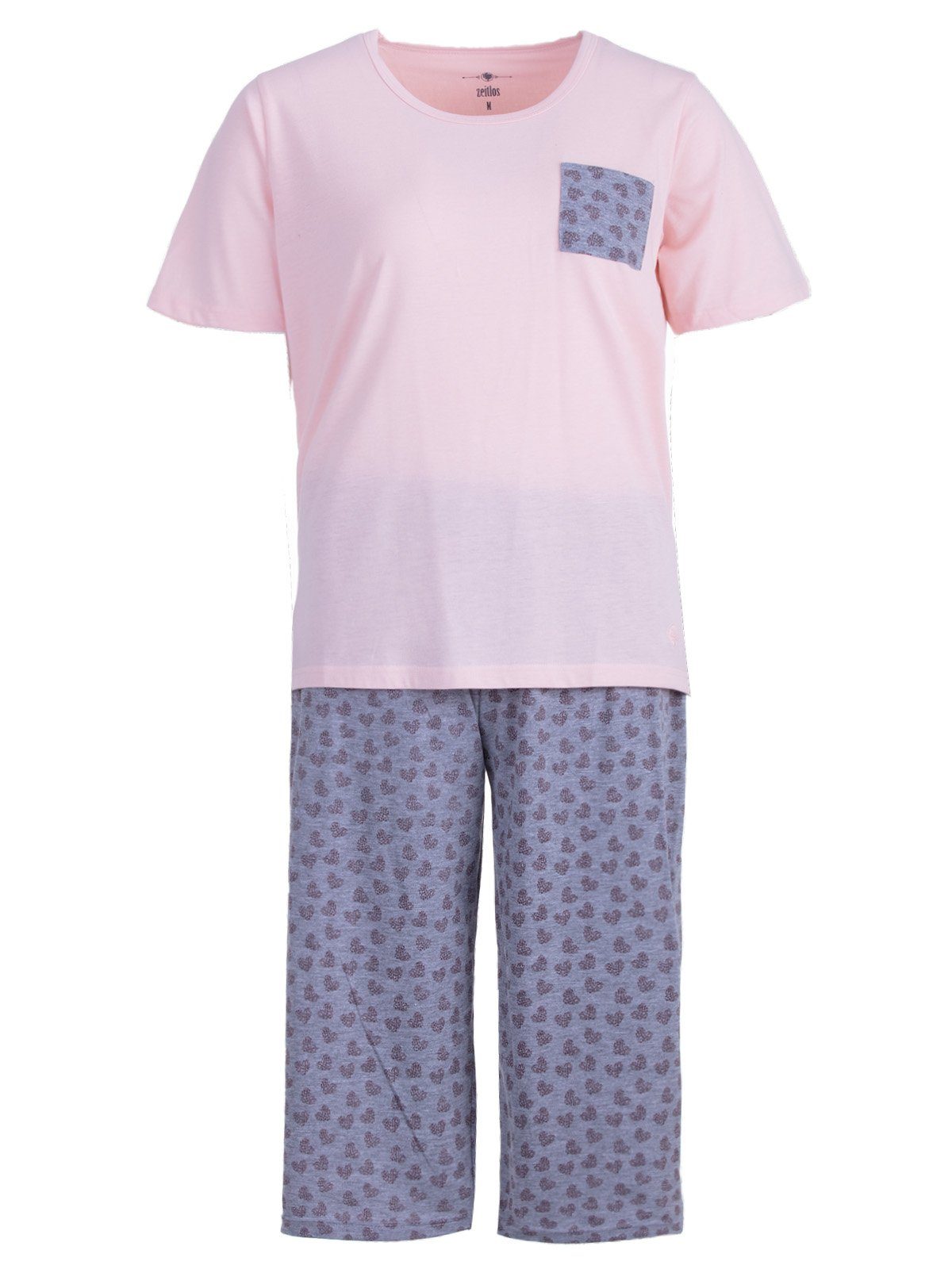 zeitlos Schlafanzug Pyjama Set Capri - Rose Herz Brusttasche