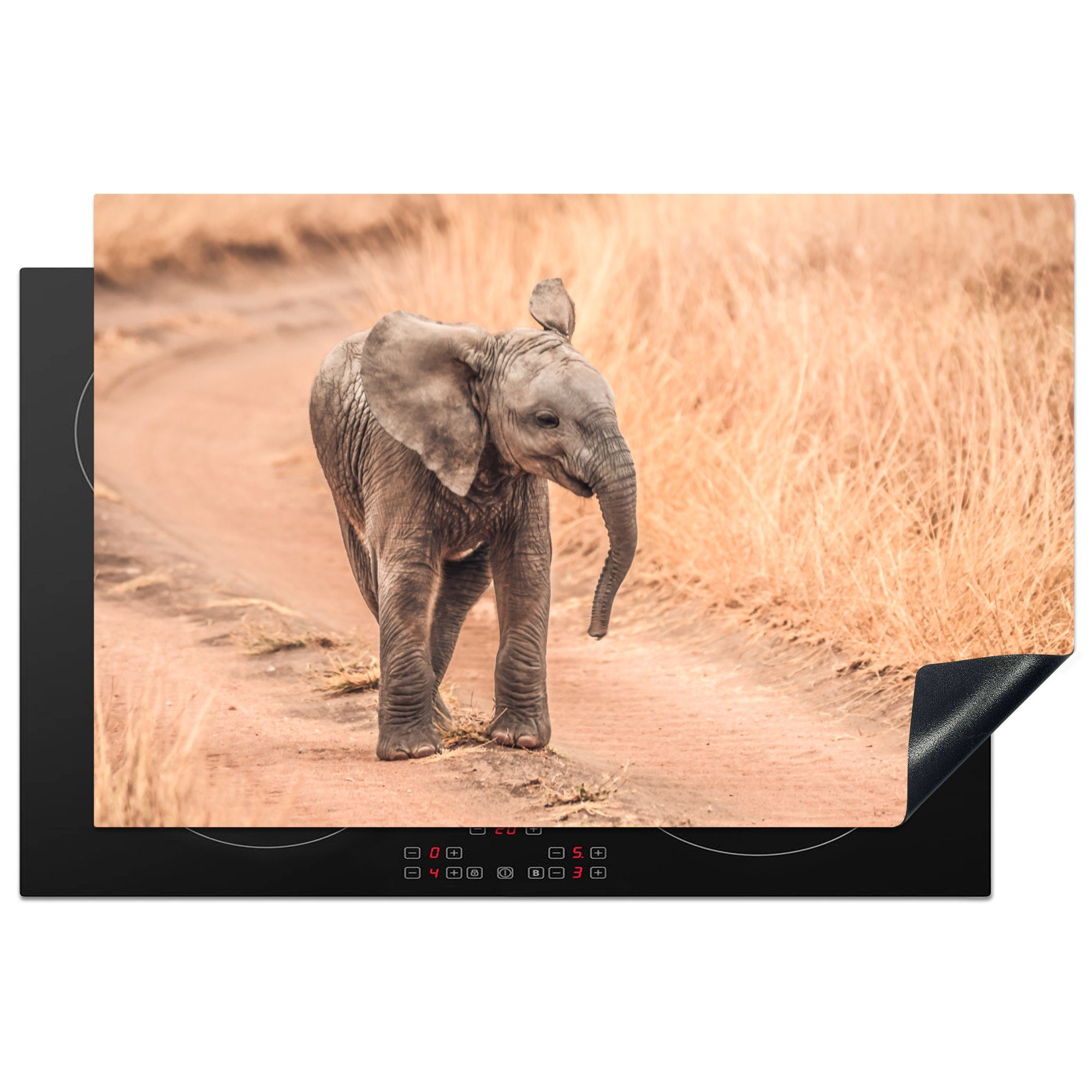 MuchoWow Herdblende-/Abdeckplatte Afrikanischer Babyelefant - Mädchen - Kinder - Kinder, Vinyl, (1 tlg), 81x52 cm, Induktionskochfeld Schutz für die küche, Ceranfeldabdeckung