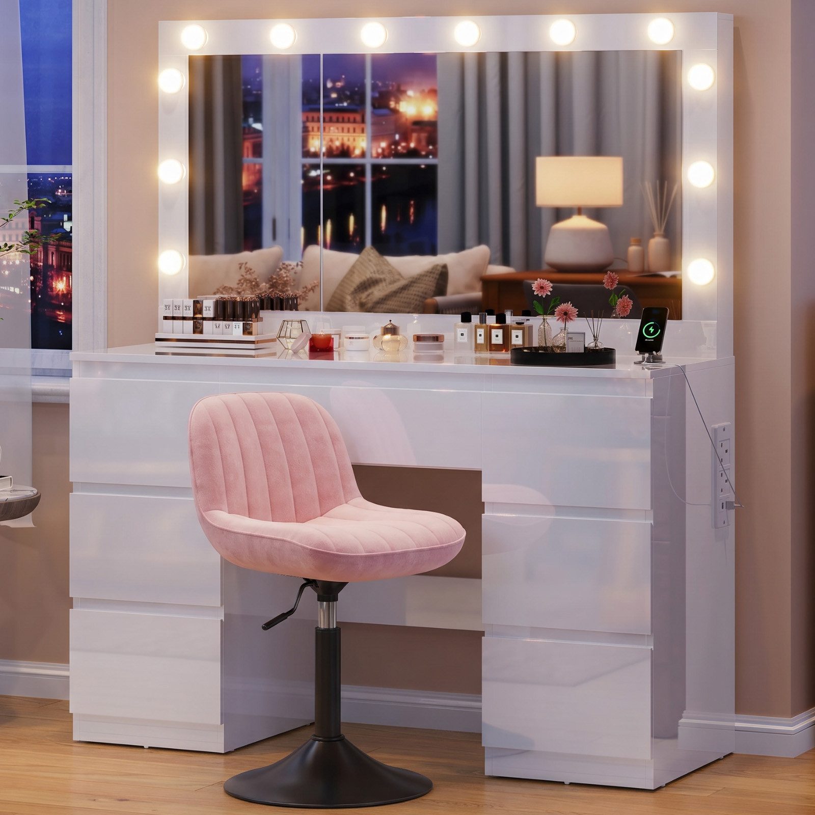 HOMALL Schminktisch mit großem Spiegel, 120 cm, 7 Schubladen, Schmuckschrank (XXL-Spiegel 106×51 cm (30×51 aufklappbar m. Schmuckschrank) · 120 cm · 7 Schubladen · LED-Birne · 2 Steckdosen+USB/Type-C · E1-MDF · 2 Farben · Hocker opt)