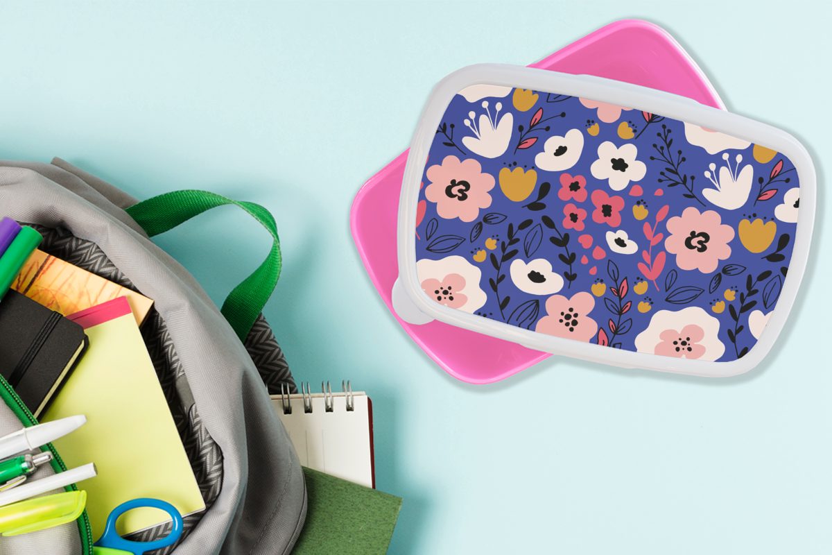 MuchoWow Lunchbox Blumen - Brotdose Kinder, Mädchen, rosa Kunststoff Kunststoff, Blätter Brotbox Erwachsene, Muster, - (2-tlg), Snackbox, für