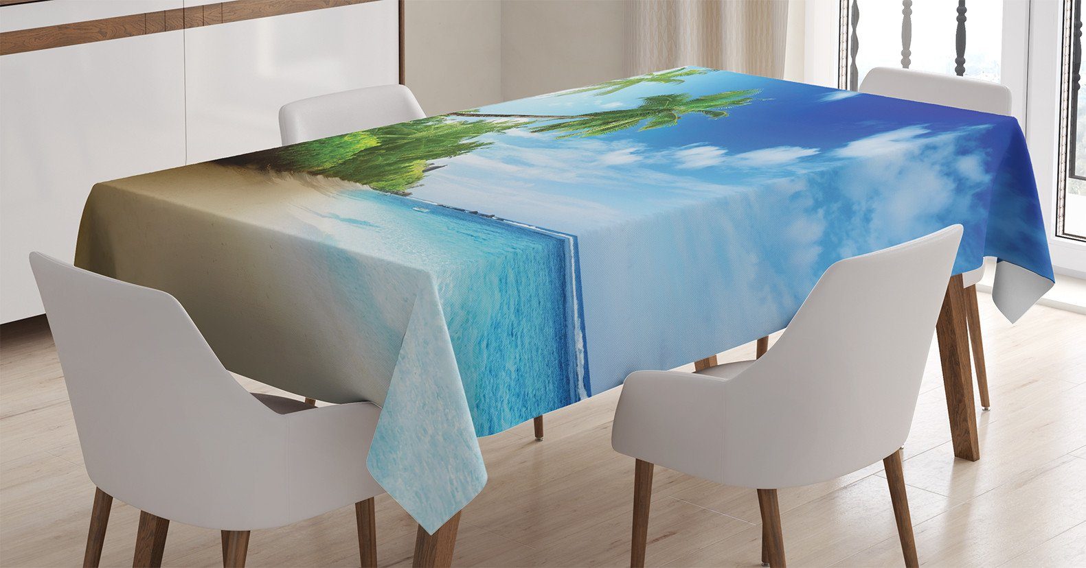 Abakuhaus Tischdecke Farbfest Waschbar Für den Außen Bereich geeignet Klare Farben, Draußen Strand-Sonnenuntergang und Wellen