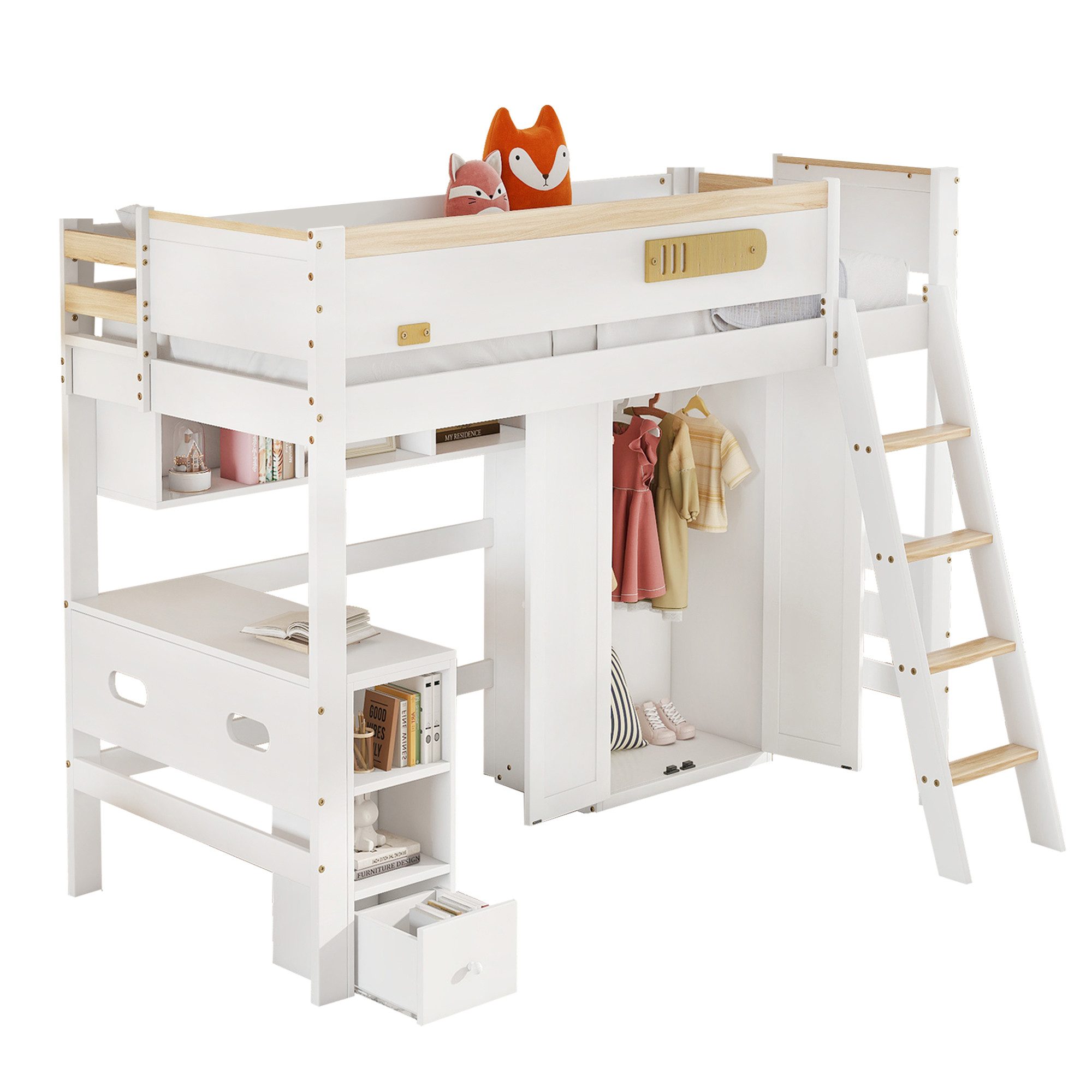 SOFTWEARY Hochbett mit Schreibtisch und Aufbewahrung (90x200 cm) Kinderbett mit Rausfallschutz, Kiefernholz