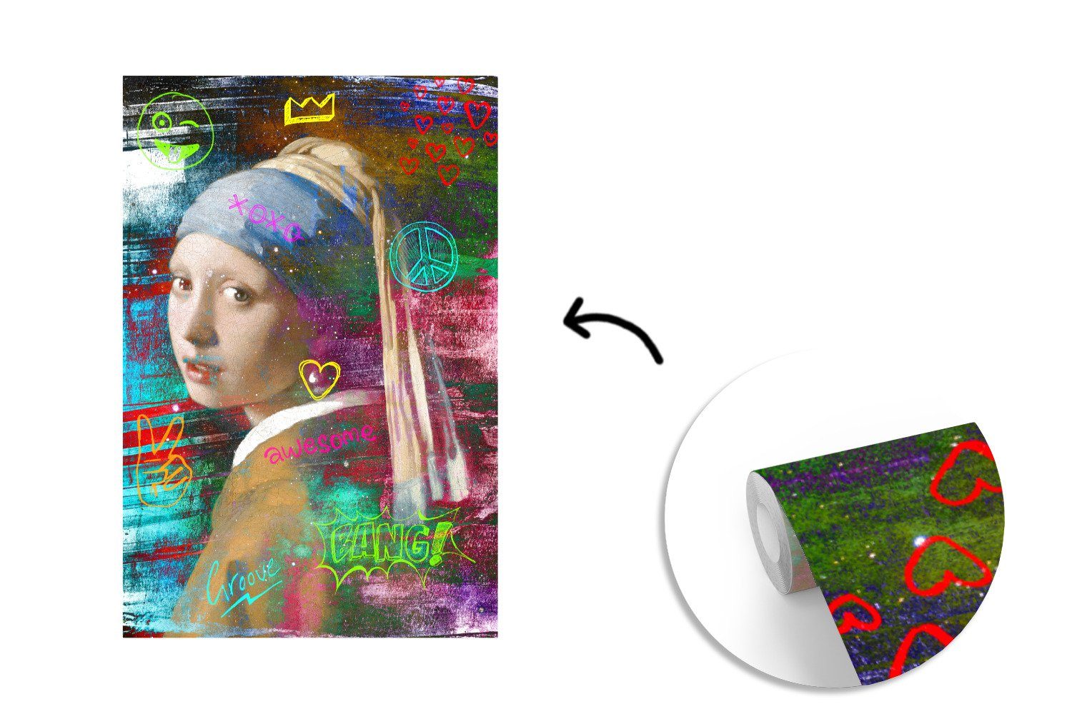 Vinyl für Fototapete - mit Vermeer Matt, Montagefertig Mädchen Wandtapete Tapete Neon, Das Johannes Wohnzimmer, St), bedruckt, dem MuchoWow Perlenohrring - (3