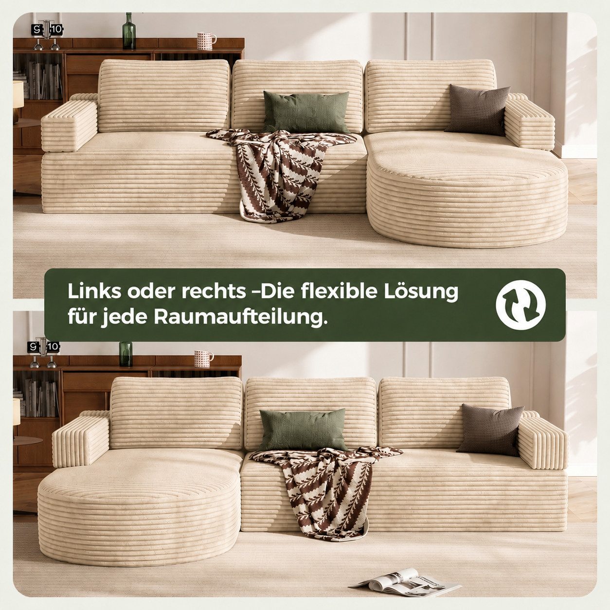 Patbrela Ecksofa Cord Schlafsofa L Form 265cm mit Abgerundeter Chaise Longue