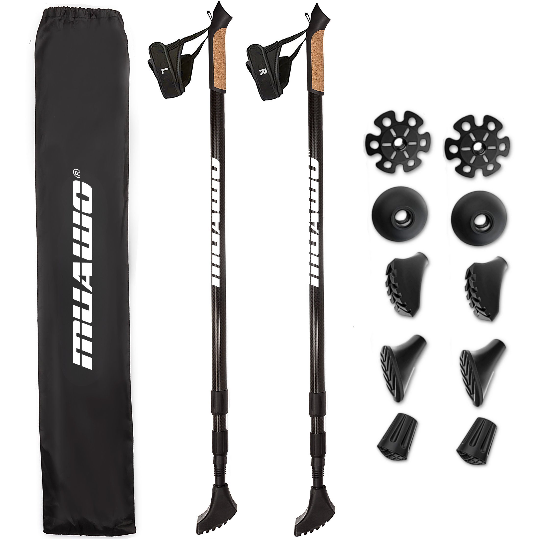 Muawo Nordic-Walking-Stöcke Premium Carbon Walking Stock verstellbar Teleskopstock (praktischer Beutel, Vollständiges Nordic Walking Stöcke Set mit allen Aufsätzen), federleicht und ultrarobust, Carbon, verstellbar, ergonomisch