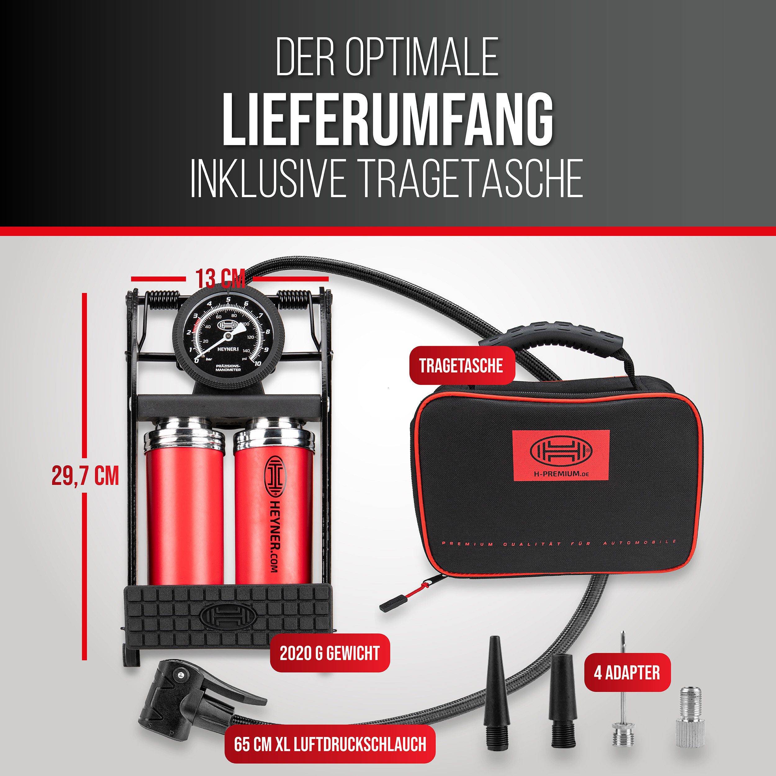 HEYNER Luftpumpe Fußluftpumpe Doppelzylinder 2 Zylinder mit Manometer 10 bar + Tasche (1-tlg)