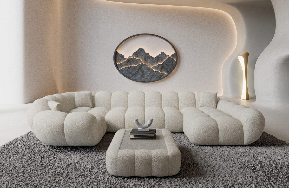 Sofa Dreams Wohnlandschaft Maleron U Form Design Stoffsofa, Polstersofa, 6-Sitzer, Ottomane rechts, Boucléstoff Weiß