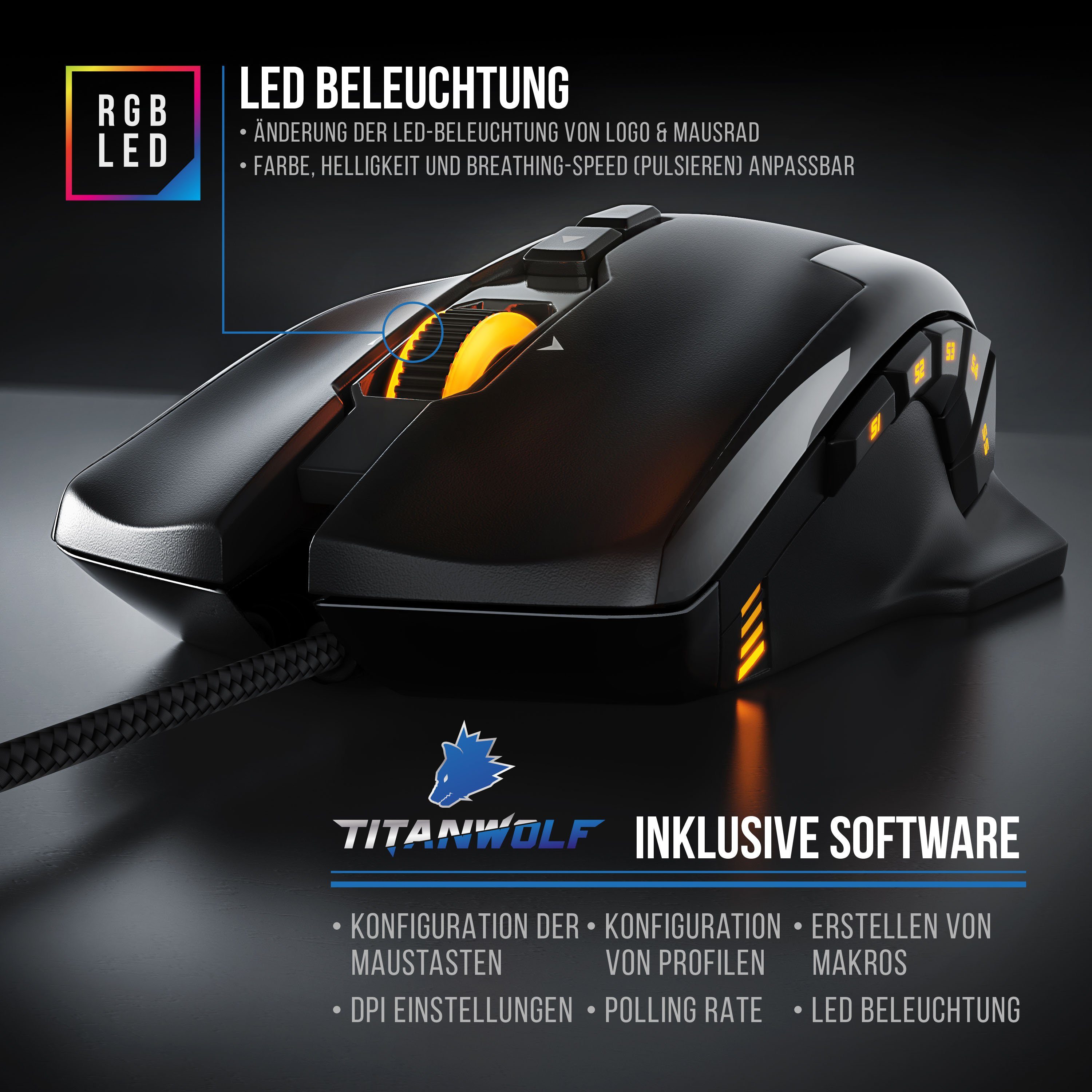 Titanwolf Gaming-Maus (kabelgebunden, USB dpi, RGB 10800dpi, Gaming mit Laser Mouse Gewichts-Justierung) 1000 LEDs