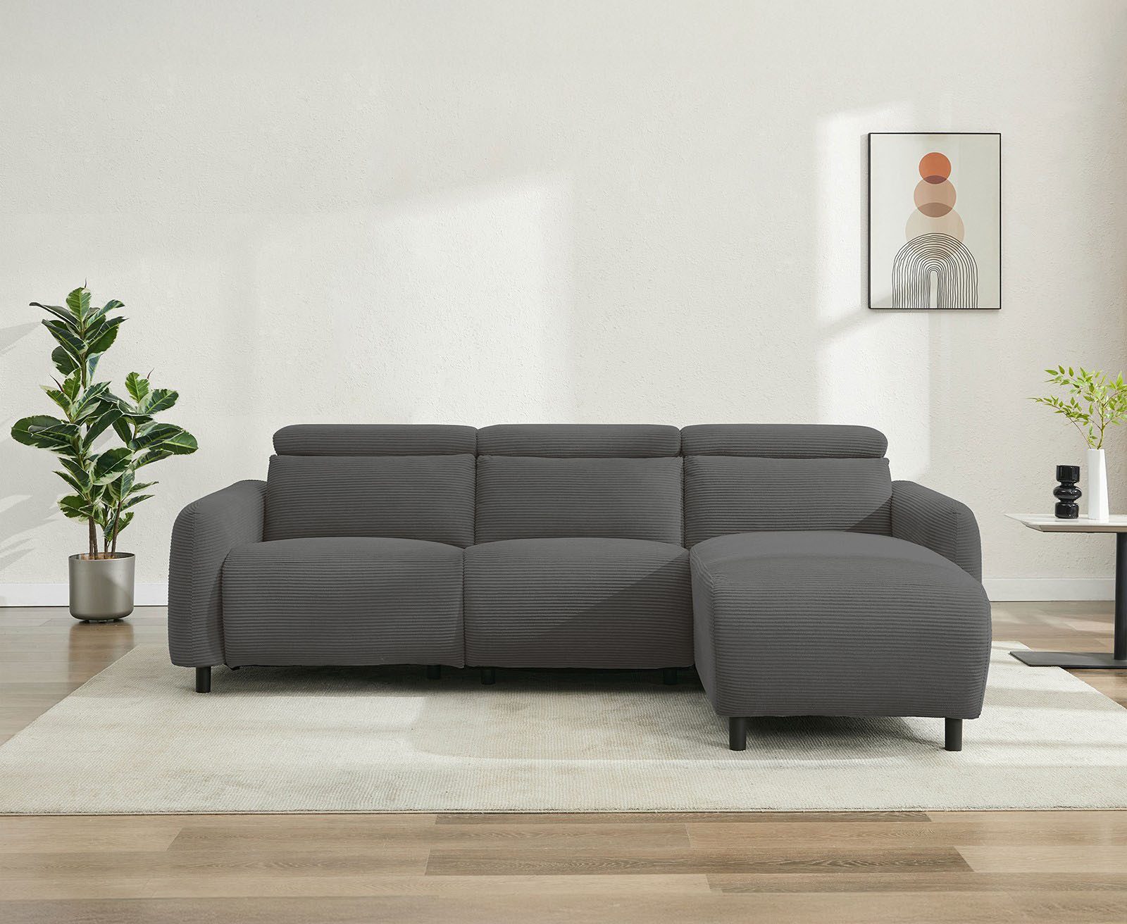 OTTO home Ecksofa SKAANE in Cord, L-Form, 274 cm, manuelle u. elektrische Relaxfunktion, rundes Design, Kopfteilverstellung, Federkernpolsterung