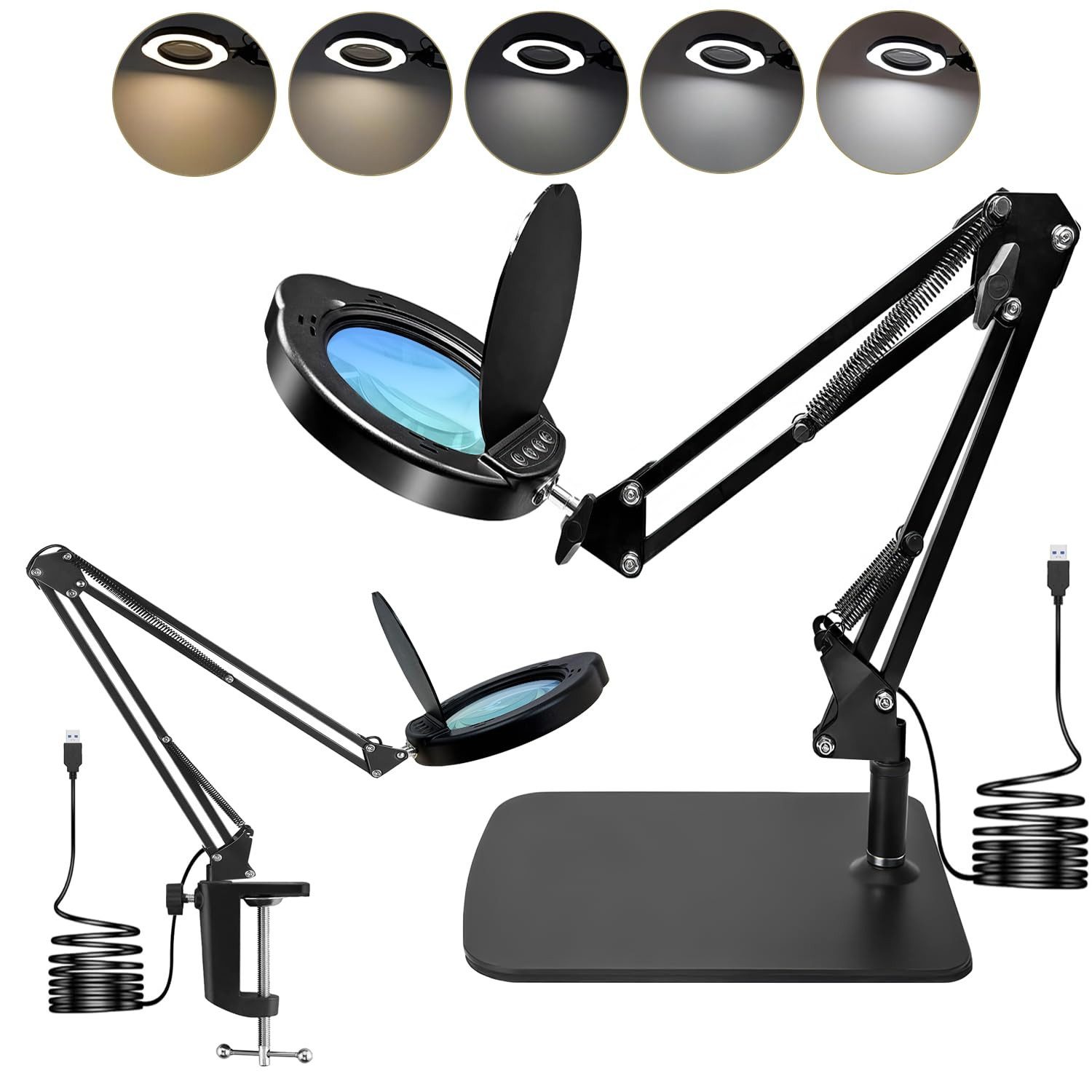 AIBISTAR Lupenlampe 15X LED Lupenlampe mit Klemme & Standfuß, dimmbar, LED wechselbar, Warmweiß bis Kaltweiß, 15X Vergrößerung, 84 LEDs dimmbar, 5 Lichtmodi