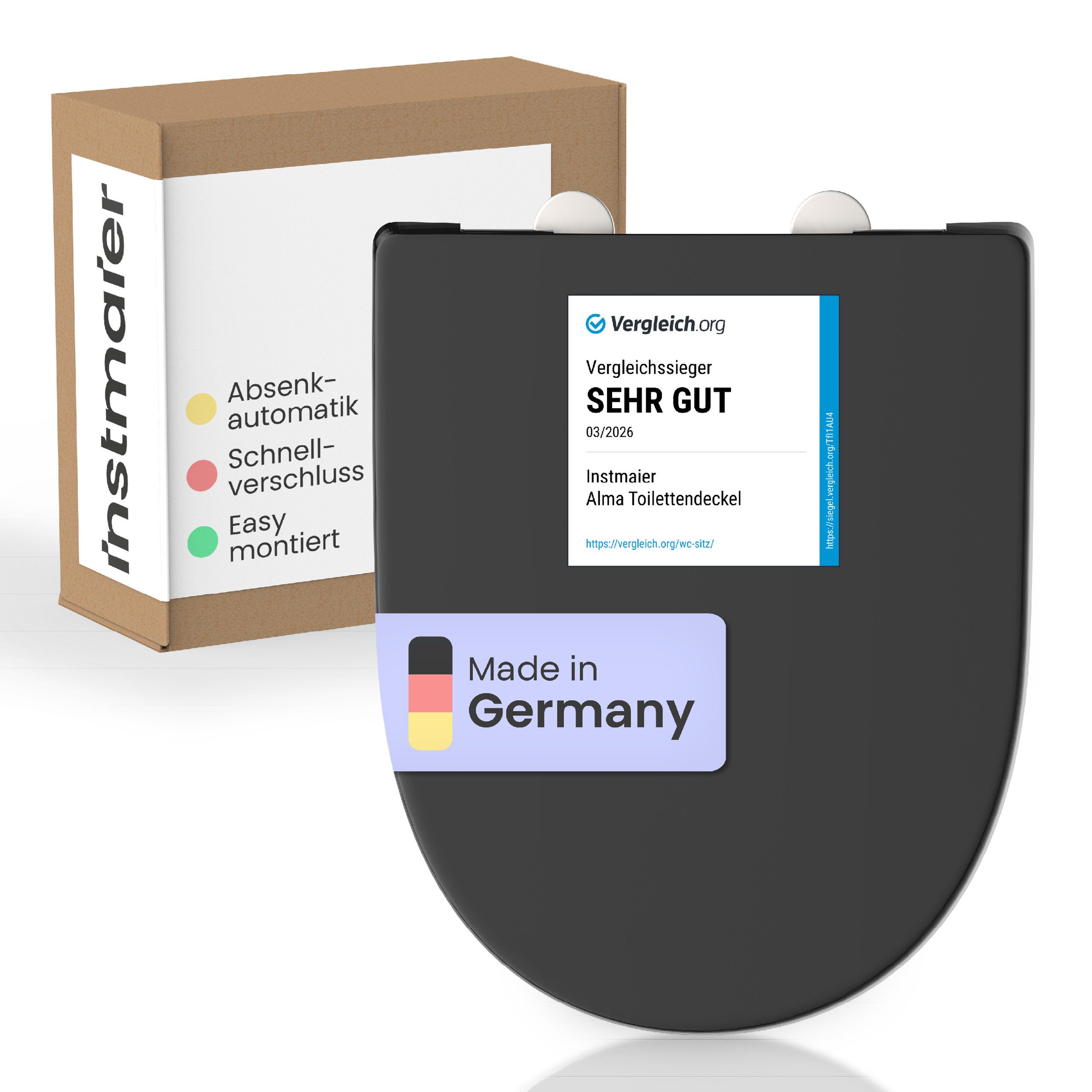instmaier WC-Sitz Alma, Made in Germany, bakterienabweisendes Duroplast, bis 250kg, Schwarz Glänzend, mit Absenkautomatik, zur Reinigung abnehmbar