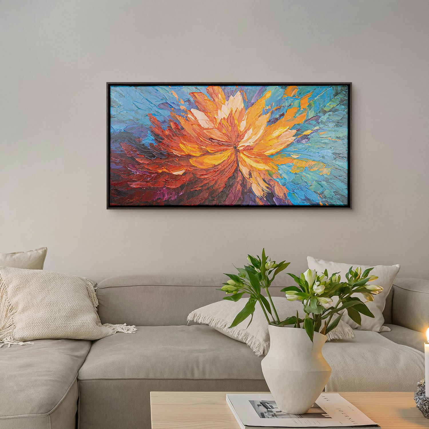 AUREDAS Gemälde "Balance im Chaos", 100x50cm, Rahmen dunkel, Abstrakt, Urban, Gemälde, handgemaltes Acrylgemälde, Panorama Format