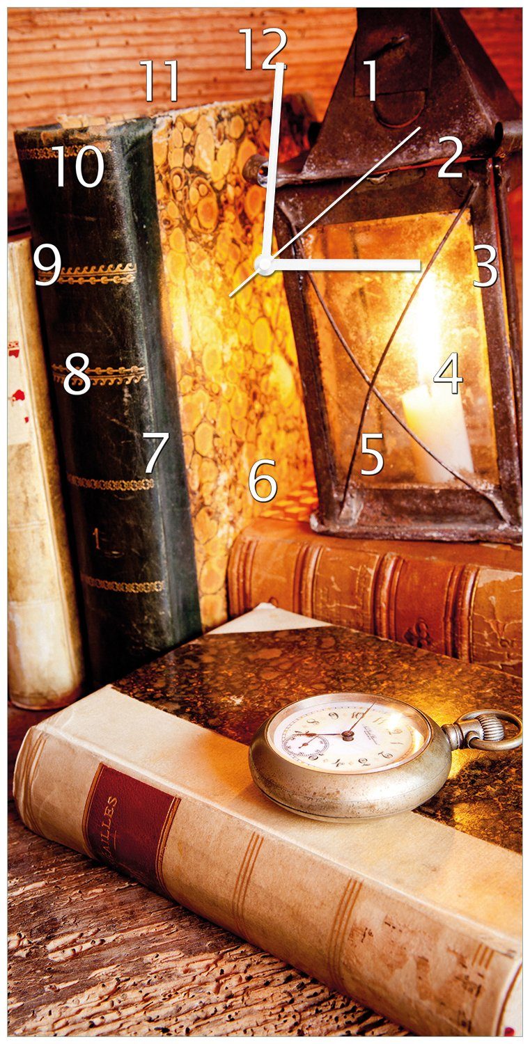 Wallario Wanduhr Antike Laterne mit Kerze alten Büchern und Taschenuhr (Uhr aus Acryl)