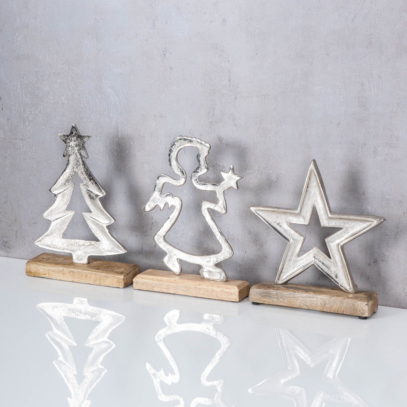 Levandeo® Deko-Schriftzug, 3er H25cm Engel Set Baum Dekofiguren Mango Weihnachten Stern Metall