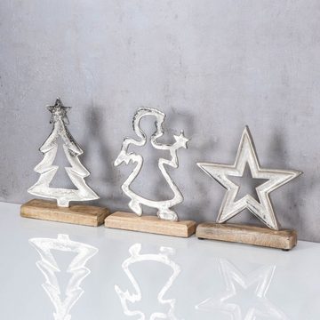 Levandeo® Deko-Schriftzug, 3er Set Dekofiguren Weihnachten H25cm Stern Engel Baum Mango Metall