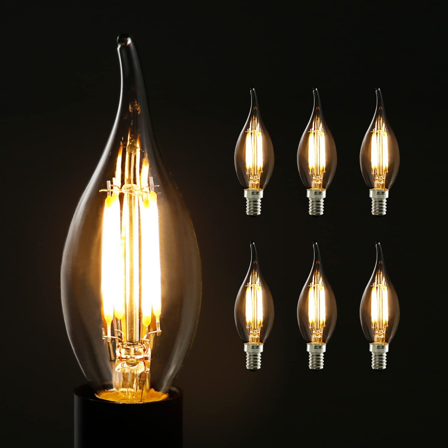 ZMH »6X Edison Glühbirne E14 4W, Retro Dekorative Kerzenbirne, C35L Warmweiß Antike Kerzenlampe ...