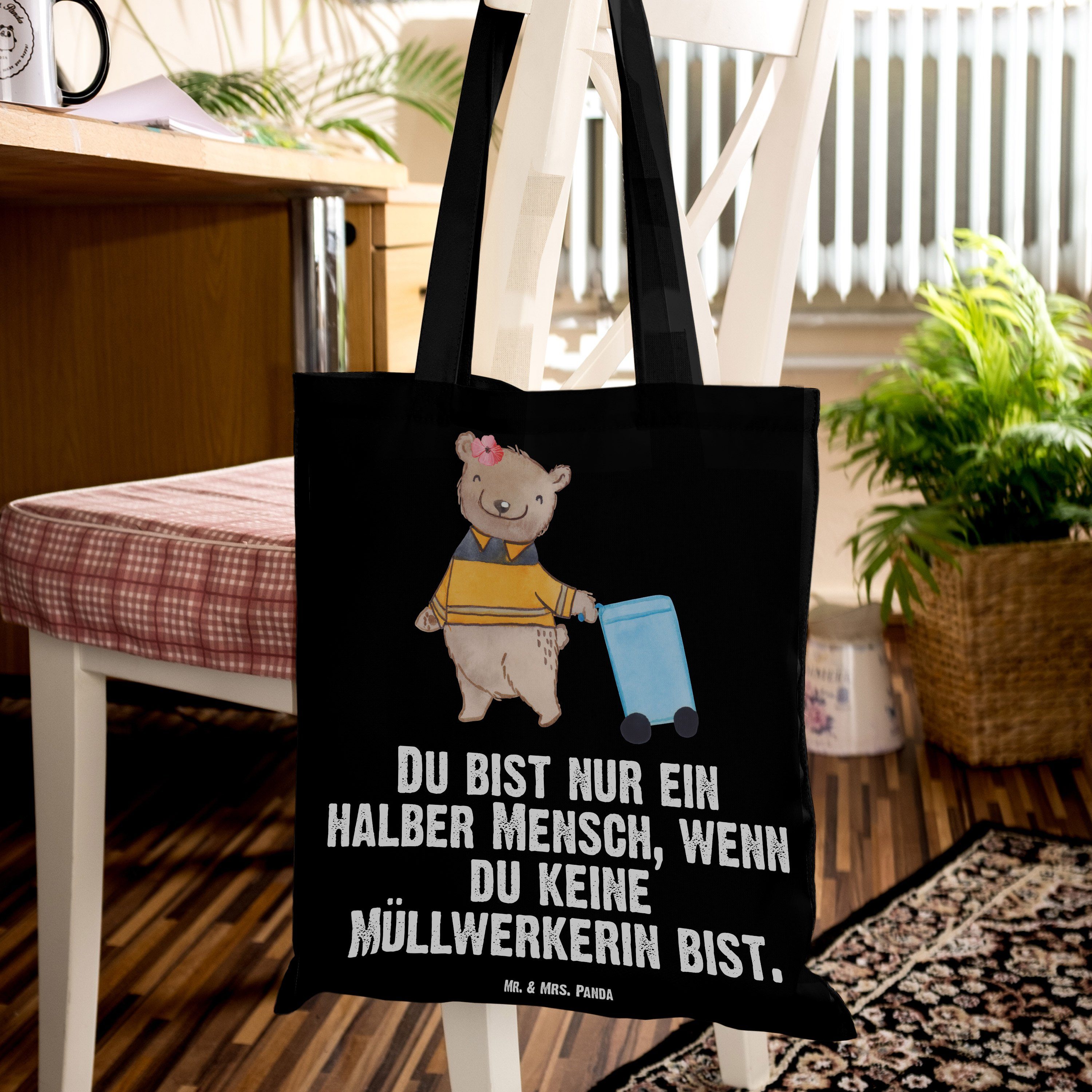 - (1-tlg) Kehrichtfrau Geschenk, Herz Tragetasche Stoffbeutel, mit & Schwarz - Panda Müllwerkerin Mr. Mrs.