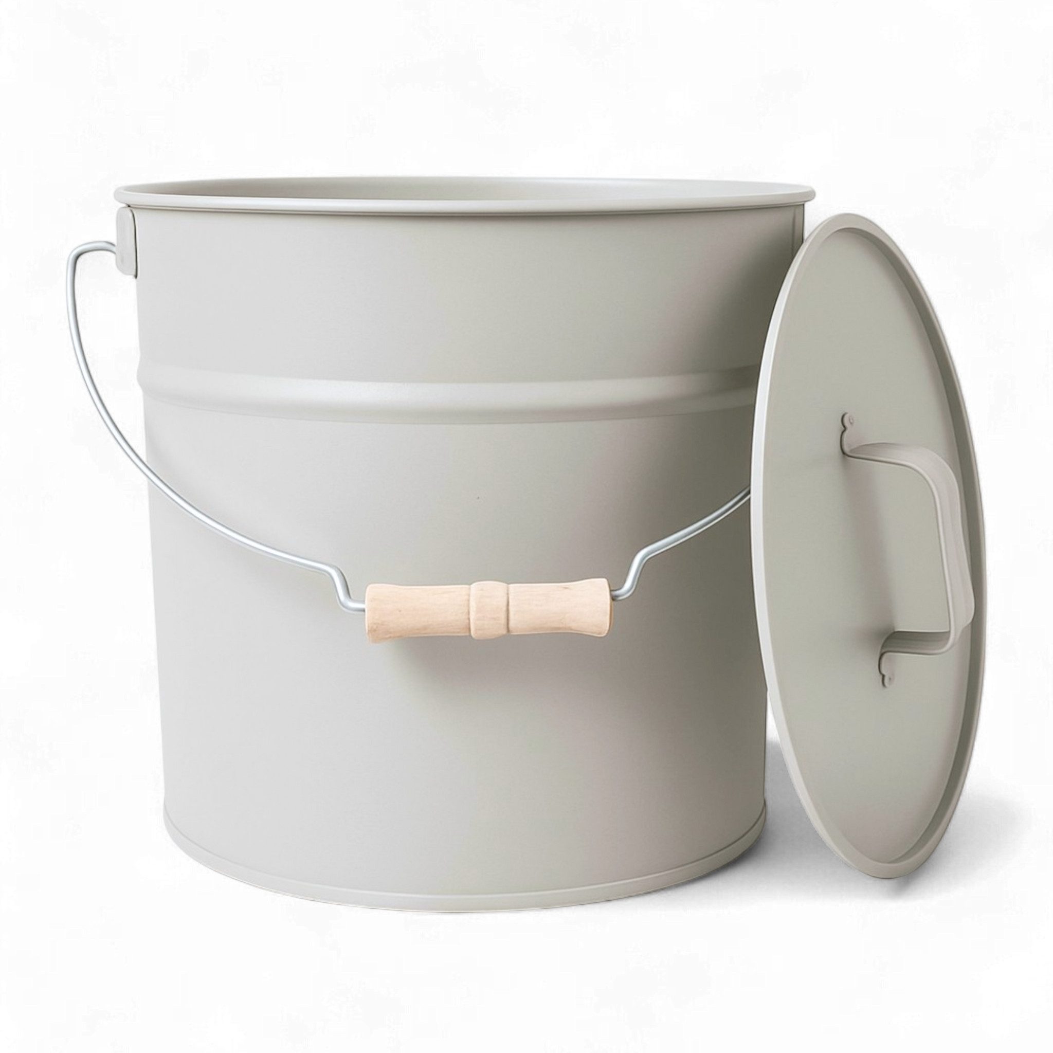 LIVLIG Aschekasten Ascheimer mit Deckel, 12L, Metall-Eimer, 12L, Matte Pulverbeschichtung, Made in Europe, Deckel mit Holzgriff