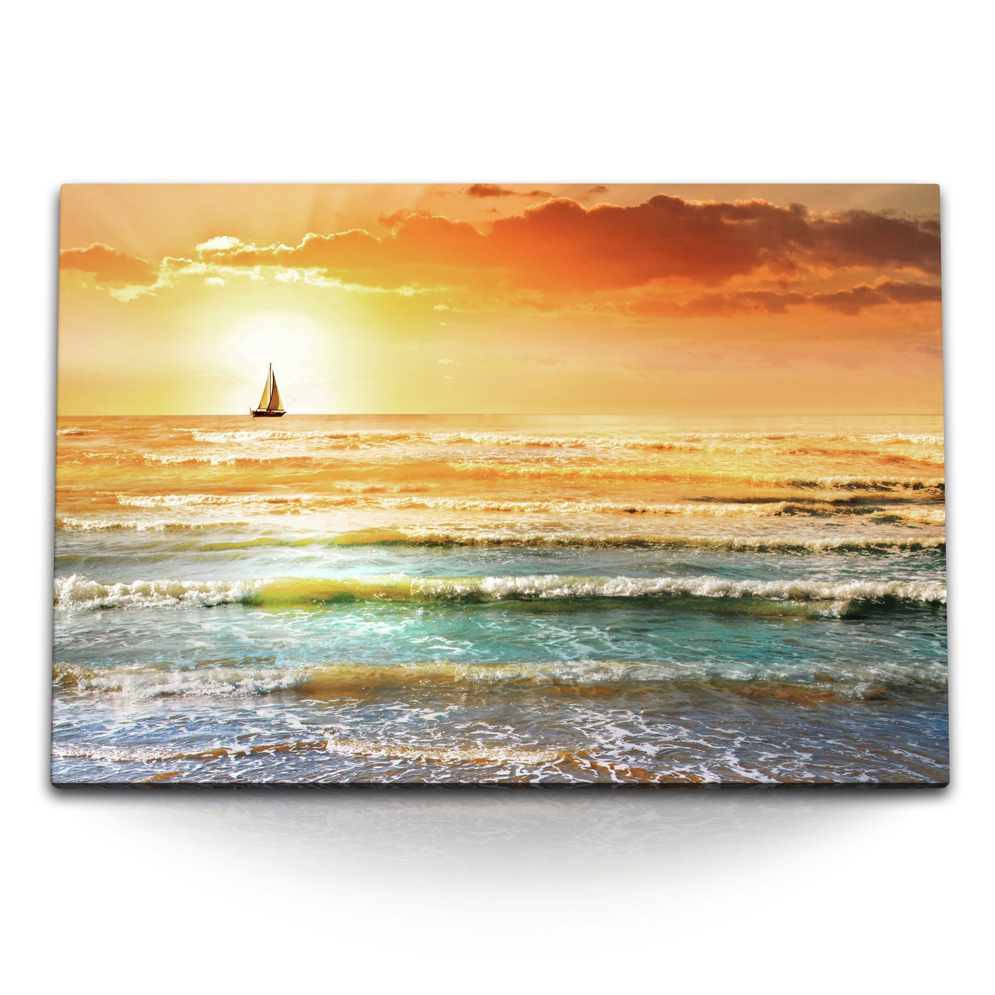 Leinwandbild 120x80cm Wandbild auf Leinwand Meer Segelschiff am Horizont Sonnenunte