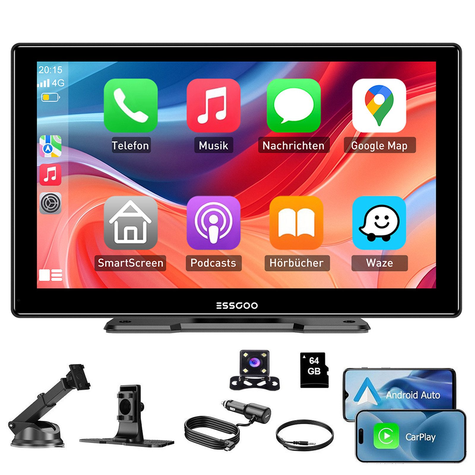 ESSGOO CarPlay Android Auto Autoradio IPS Touchscreen Tragbares Drahtloses Navigationsgerät (Touchscreen GPS Navi Tragbar Autoradio Bluetooth Rückfahrkamera)