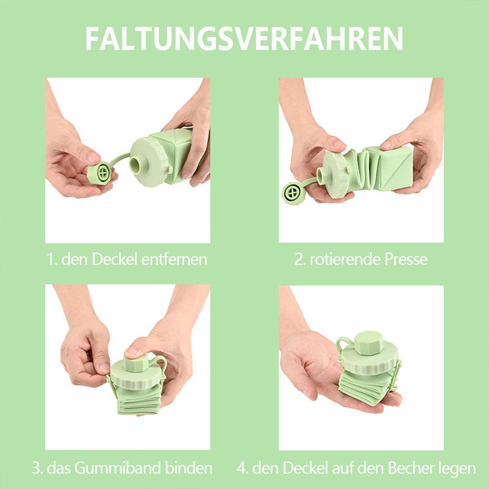 Rhein Beleuchtung Trinkflasche Zusammenklappbare Silikon-Wasserflasche, trinkflasche sport(620ml), Auslaufsicher, flexibel, BPA-frei, wiederverwendbar