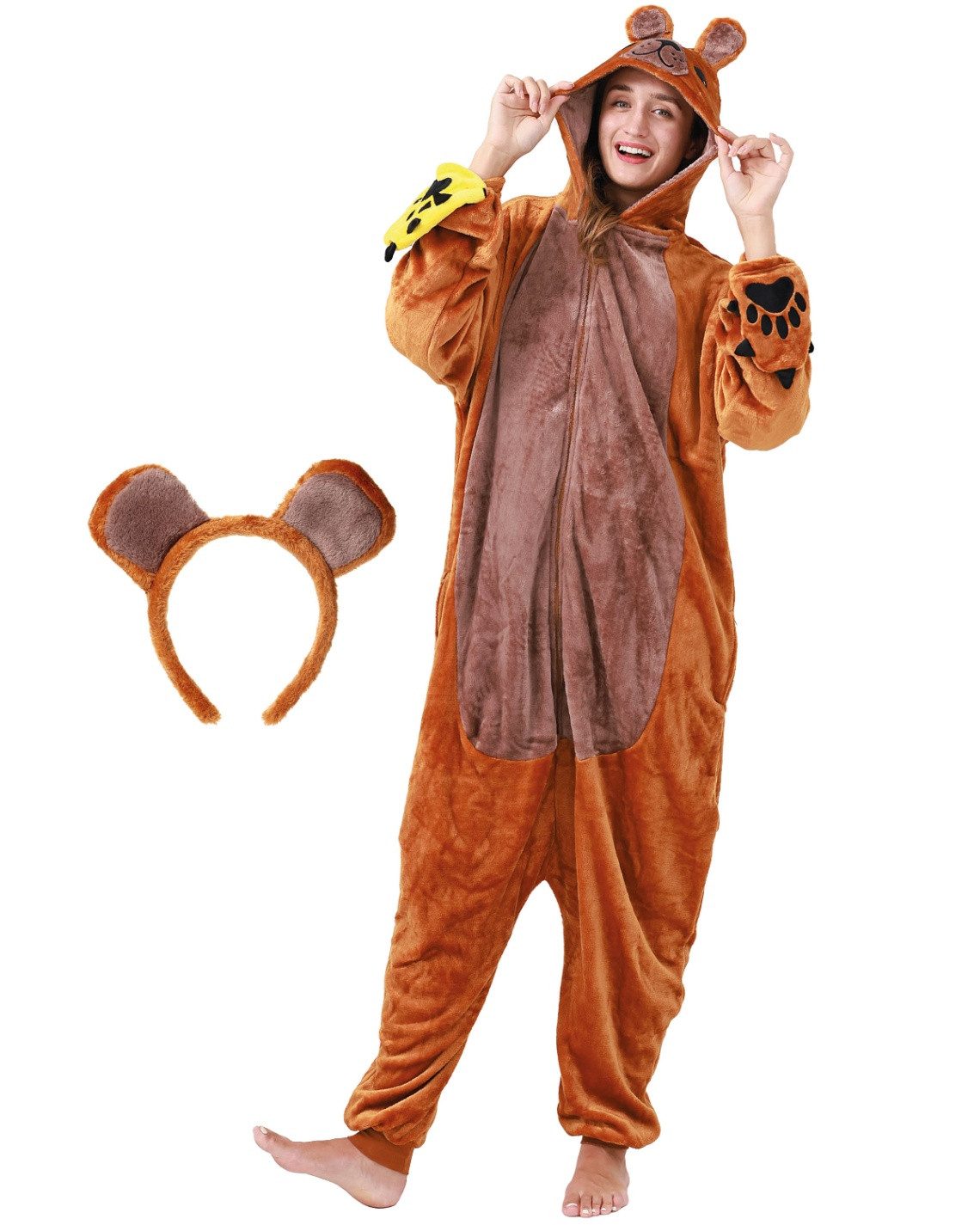 Corimori Partyanzug Flauschiges Bären-Kostüm für Erwachsene + Haarreif, Jumpsuit, Pyjama, Fasching, Kigurumi, Tierkostüme, Bär Winfred