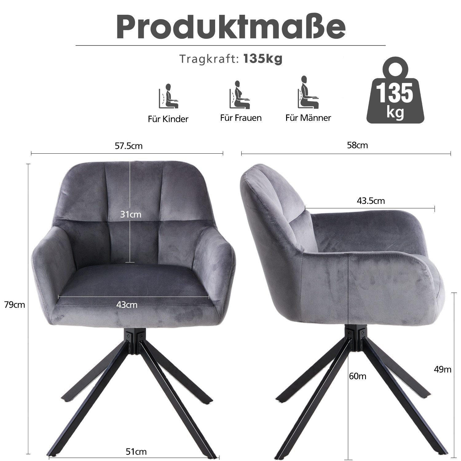 DUMOS Esszimmerstuhl Drehbarer Küchenstuhl Set – Gepolstert, Armlehnen, Met günstig online kaufen