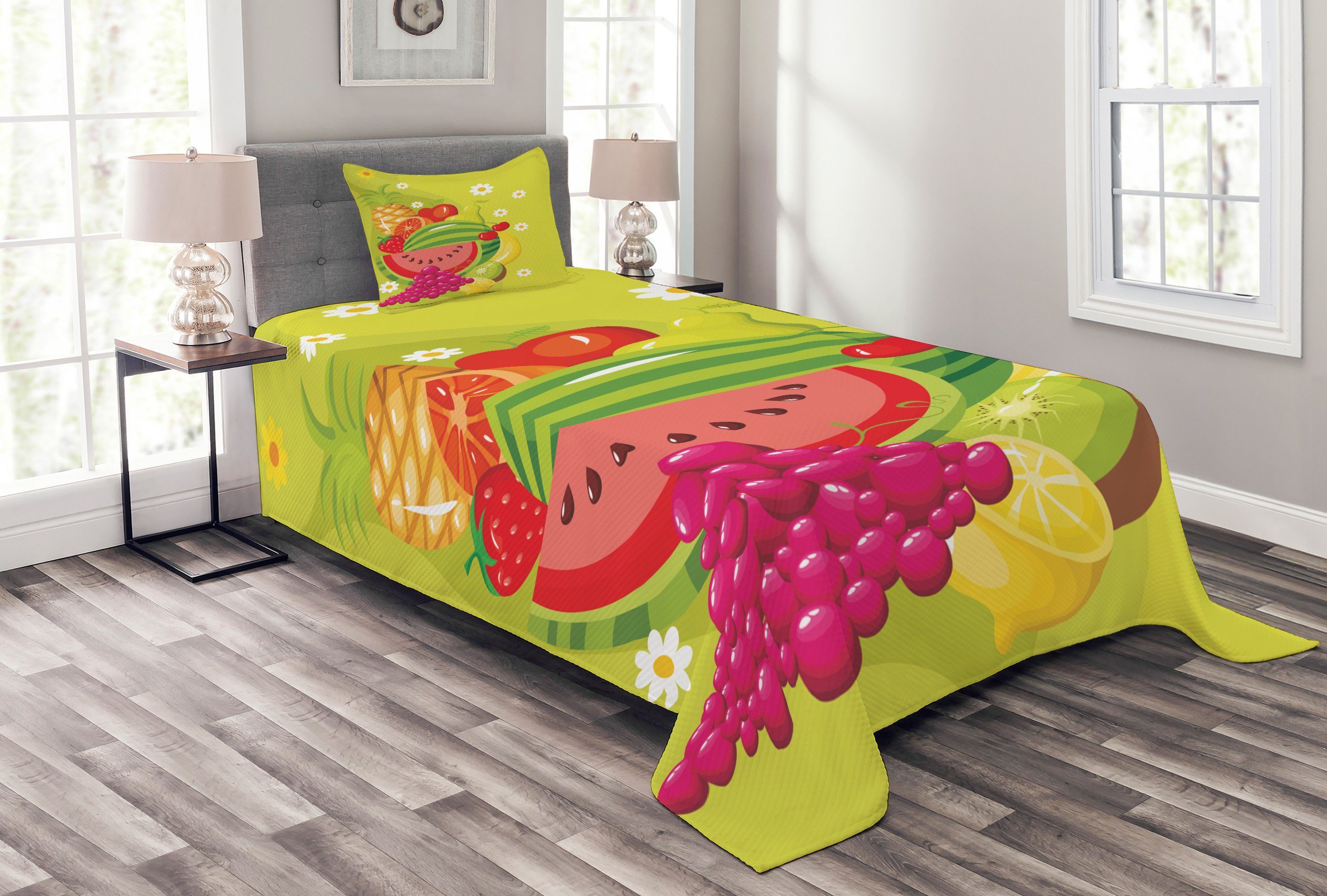 Tagesdecke Set mit Kissenbezügen Waschbar, Gänseblümchen Food Natural Obst Abakuhaus, Cartoon