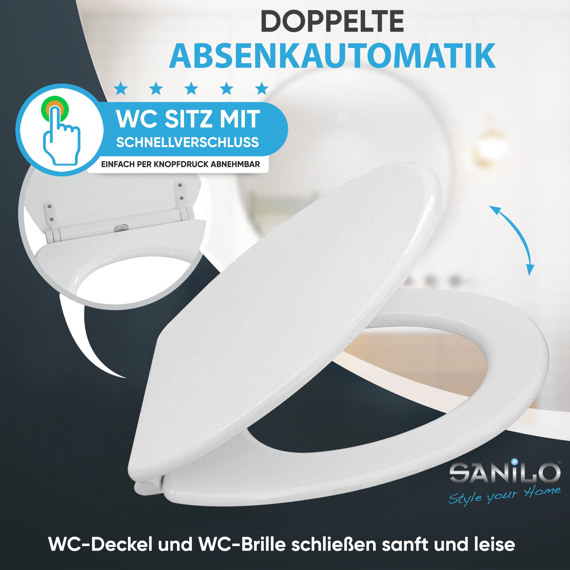 Sanilo WC-Sitz Glitzer mit Absenkautomatik & Quick Release, Premium Toilettendeckel, abnehmbar, leichte Montage von oben