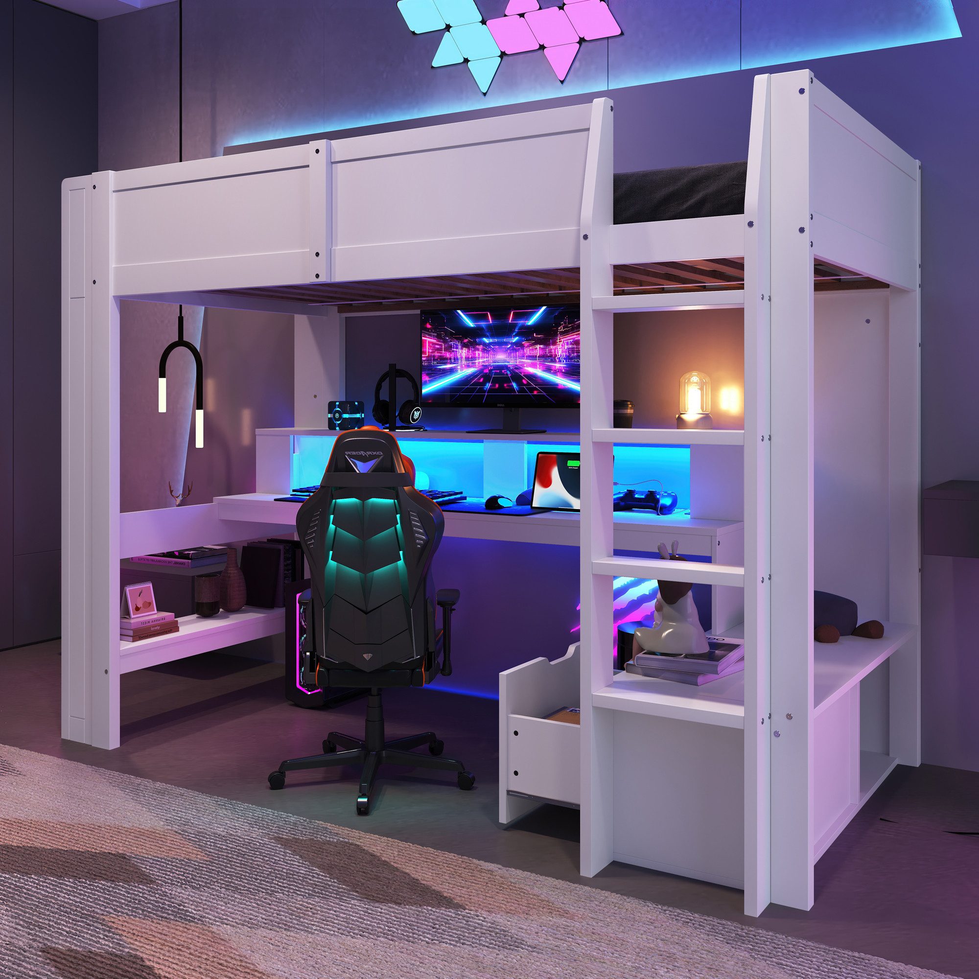 Flieks Hochbett Kinderbett 90x200cm mit LED, günstig online kaufen