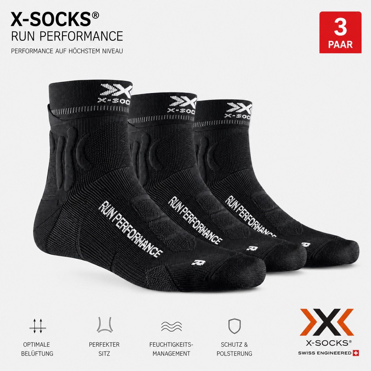 X-Socks Laufsocken 3er Set Herren Run Trail Performance 4.0 Sportsocken schwarz