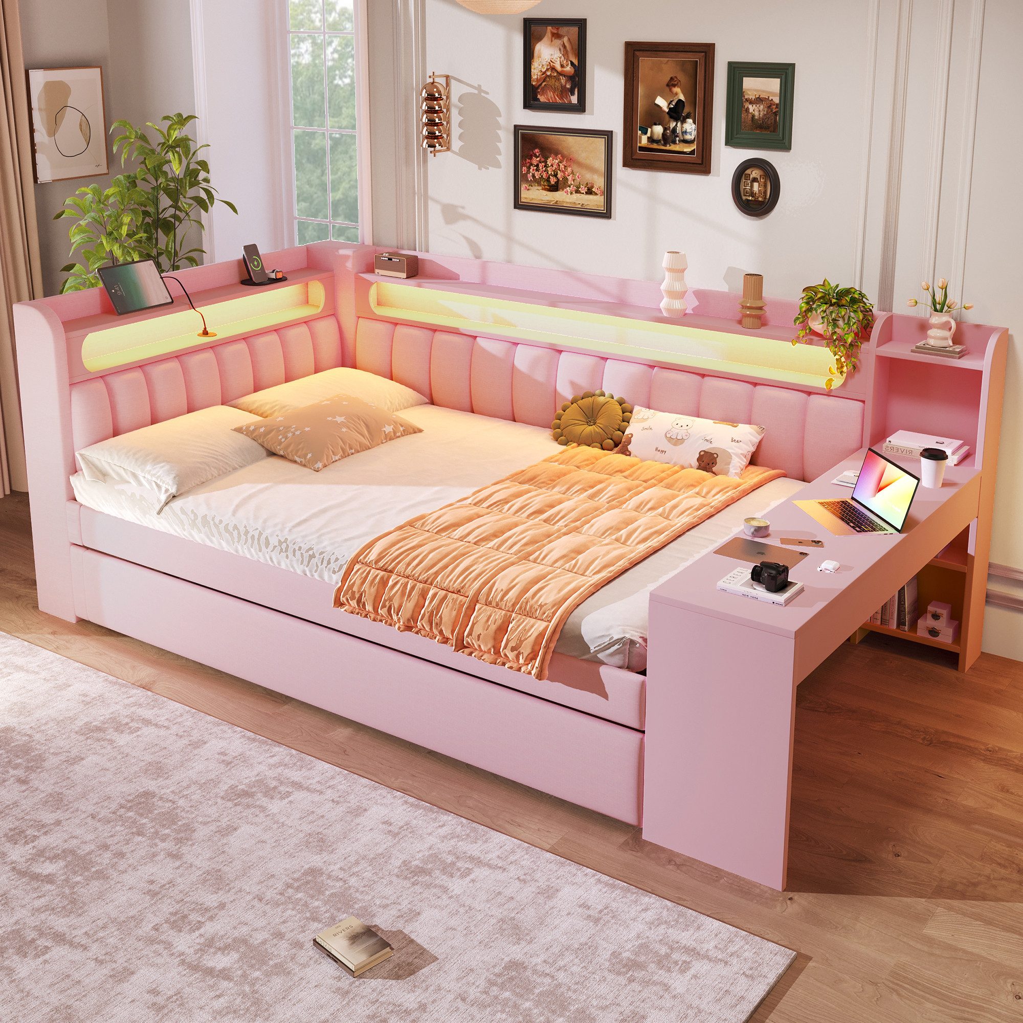 Flieks Daybett, Polsterbett 140x200cm mit Ausziehbett 90x190cm, USB, LED, S günstig online kaufen