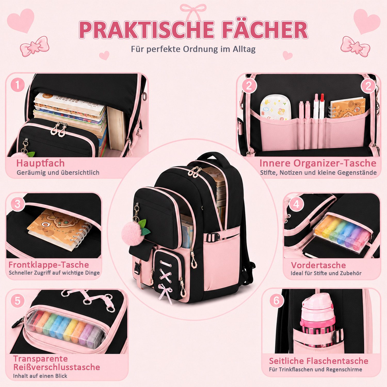 MOPUEA Schulrucksack Schulrucksack Set 3tlg Schulrucksack mit Lunchpaket und Mäppchen (Set, 3-tlg., Leicht Schulrucksack Teenager für Schule, Reisen und Freizei – Bild 3 von 5