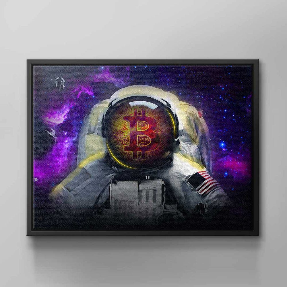DOTCOMCANVAS® Leinwandbild Bitcoin Astronaut, Wandbild Motivation Astronaut Raumanzug Helm Bitcoin lila violett bl weißer Rahmen