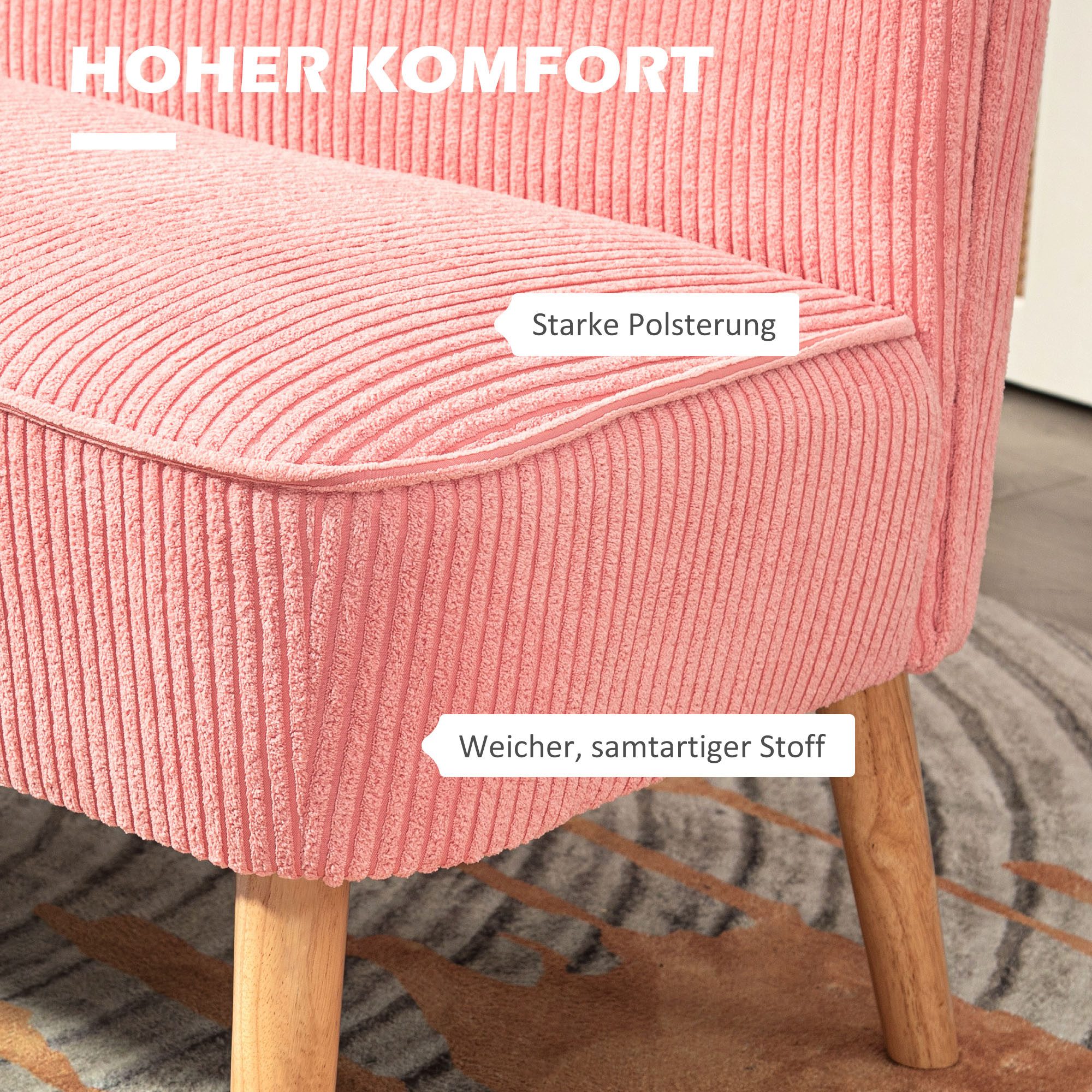 HOMCOM 2-Sitzer Sofa Loveseat mit Leinen-Optik für Schlafzimmer 117x56,5x77cm, Doppelsofa 1 Teile, für Wohnzimmer, Schlafzimmer, 117 x 56,5 x 77 cm, Rosa – Bild 4 von 5