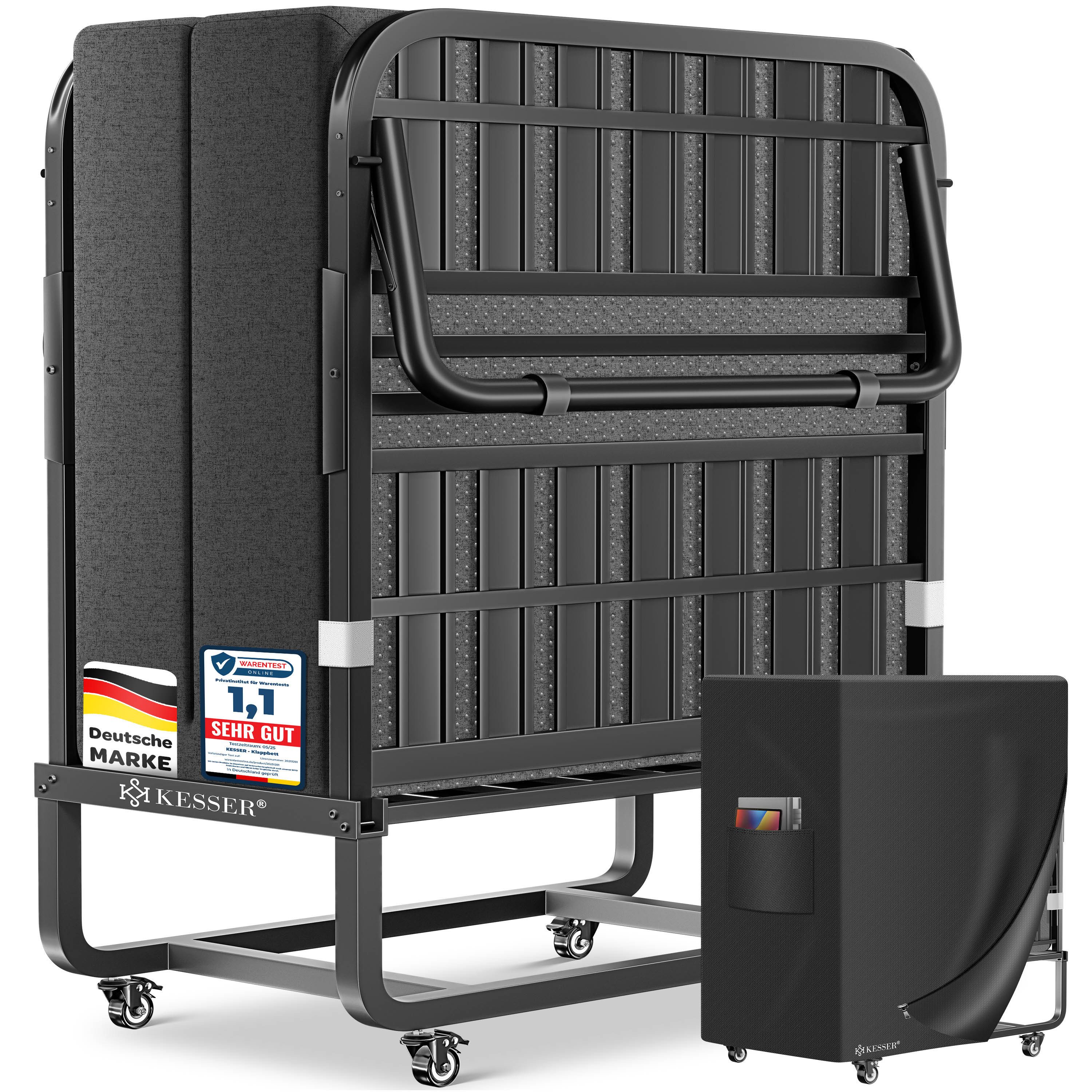 KESSER Gästebett 200x90cm Klappbett faltbares Reisebett mit Metallrahmen für Erwachsene (Metall Bett inkl. Matratze aus Memory-Schaum, Räder & Schutzhülle) Mobiles Bett belastbar bis 250kg mit abnehmbarem Bezug