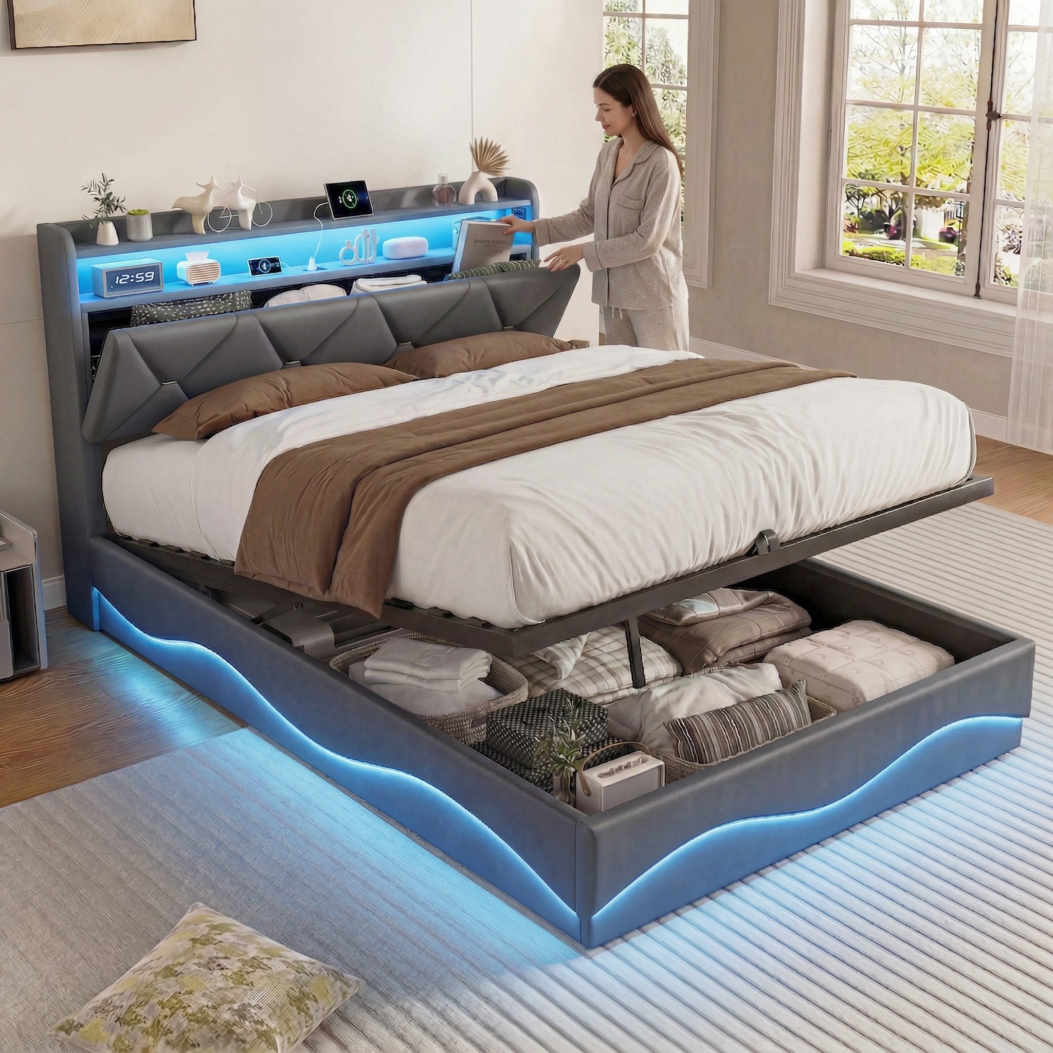 PXloue Polsterbett LED Doppelbett, Bettkasten, Ladefunktion, Samt, 160x200 cm