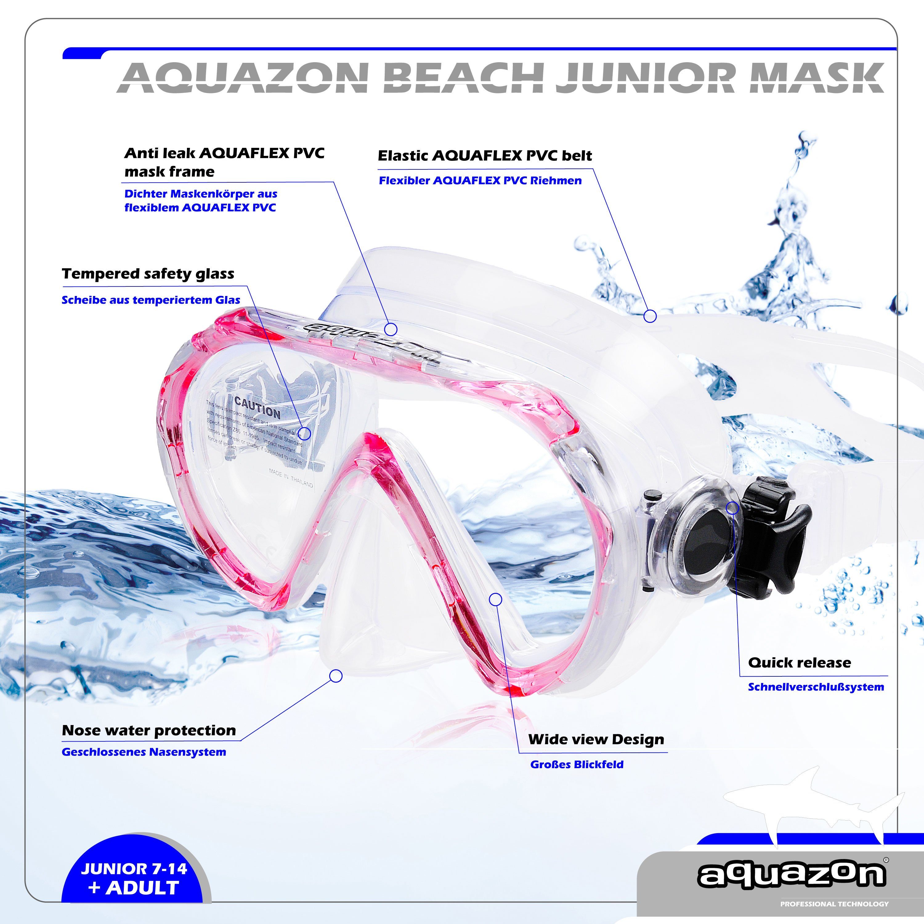 pink Schnorchelbrille BEACH, Jahre, für Silikon Taucherbrille Junior Kinder AQUAZON 7-12