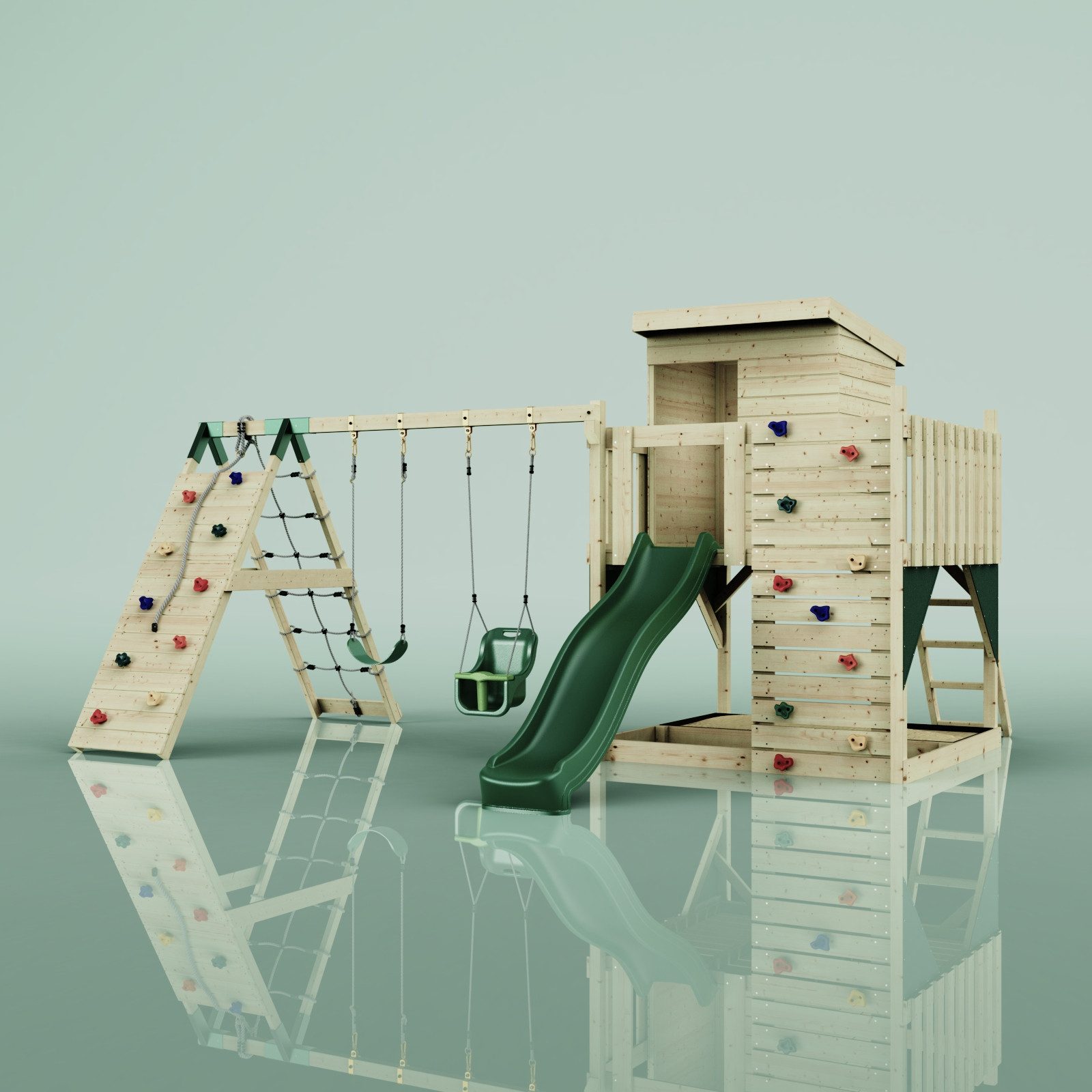 OutdoorToys Spielturm Frida, aus Holz in Dunkelgrün mit Babyschaukel & Rutsche, Kletterwand