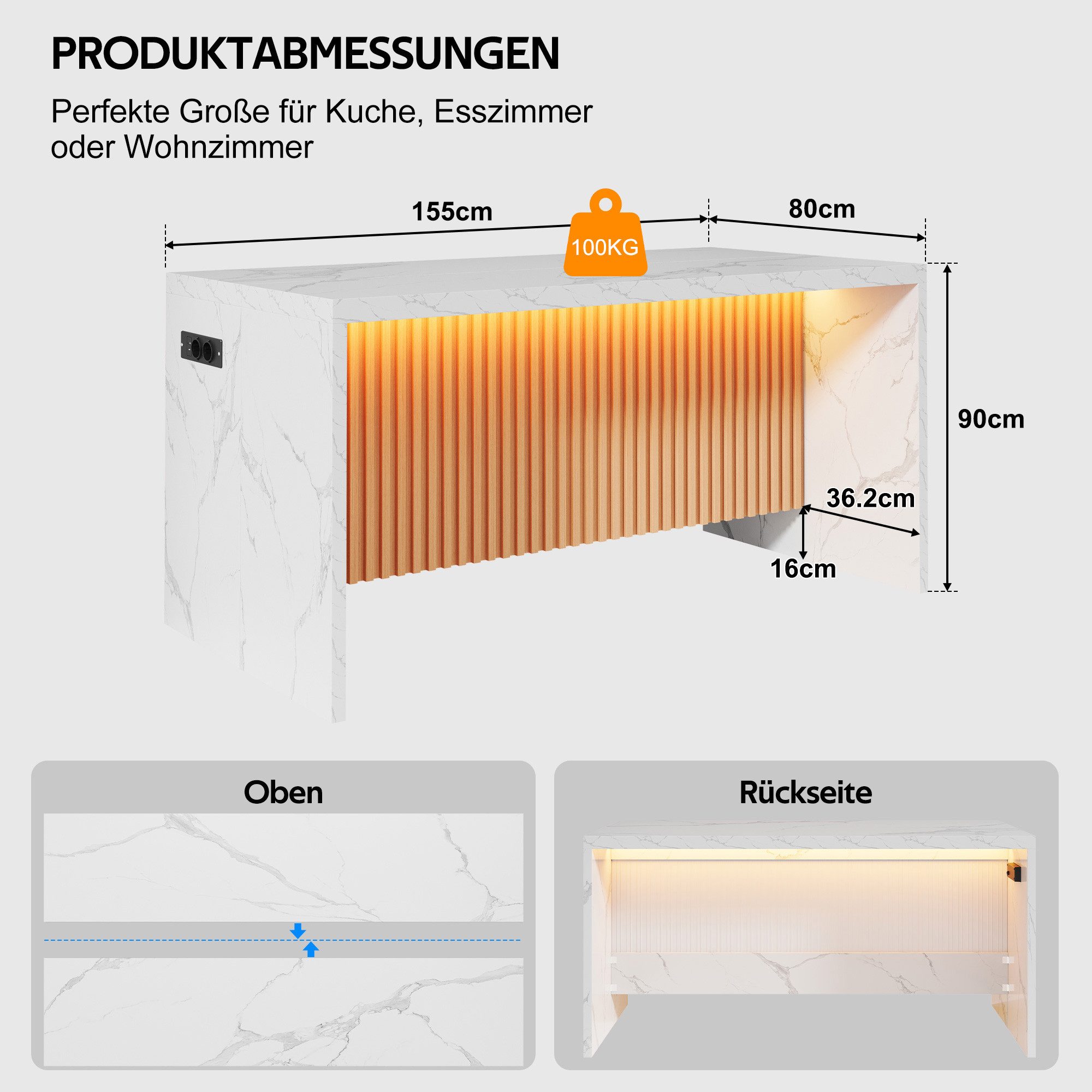 Odikalo Kücheninsel Küchentisch Bartheke mit LED 2 Steckdosen USB Arbeitsplatte, (155x80x90cm Kücheninsel mit Marmorfront,LED-Beleuchtung,2 Steckdosen,2 USB-Anschlüssen,40 mm Arbeitsplatte)