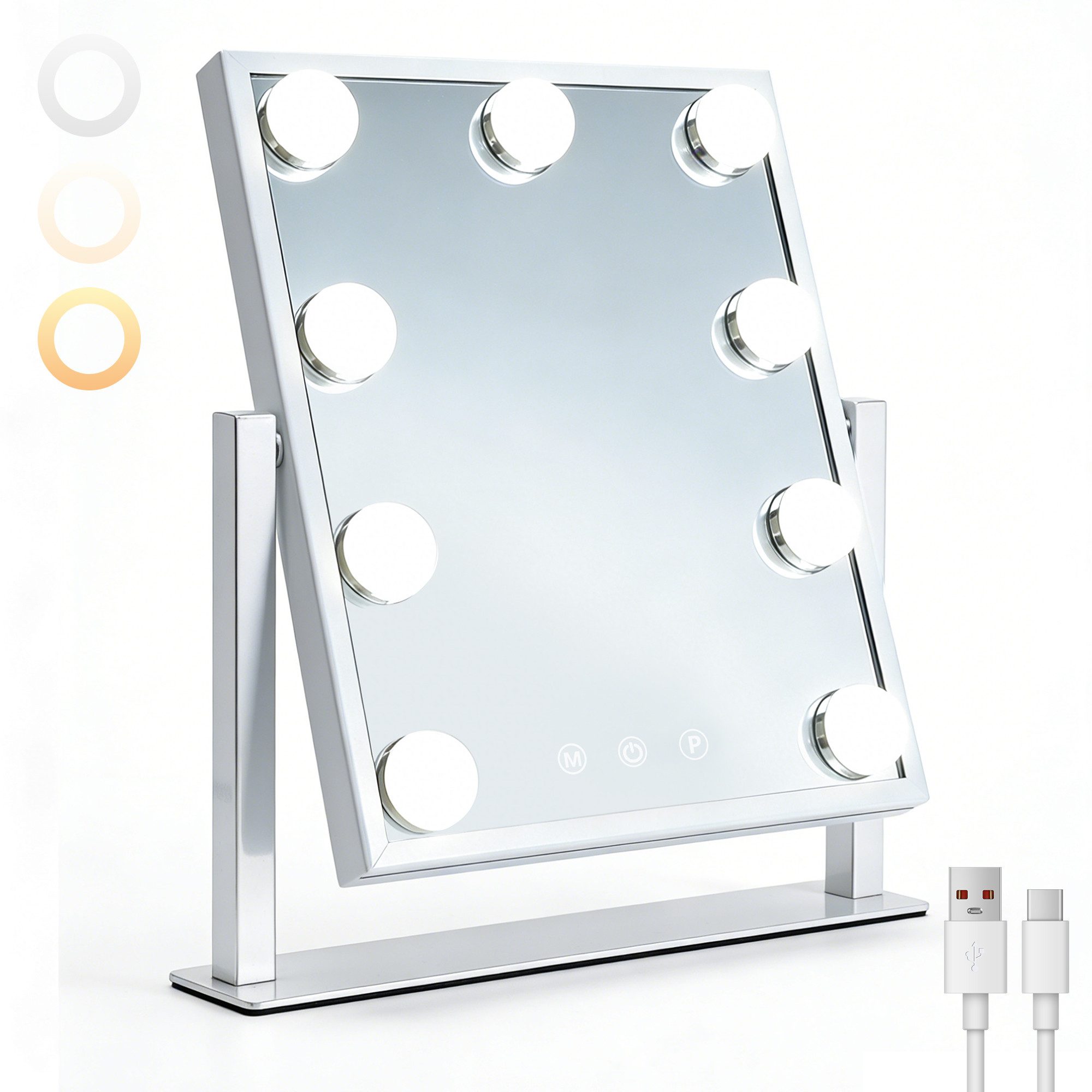 skelo Schminkspiegel mit Beleuchtung Hollywood Spiegel 33,5 x 30,5 cm, 9 LED Lampen (1-St., USB-betrieben (kein Akku enthalten), 360° Drehbar Kosmetikspiegel mit 3 Lichtfarben, Touch-Steuerung