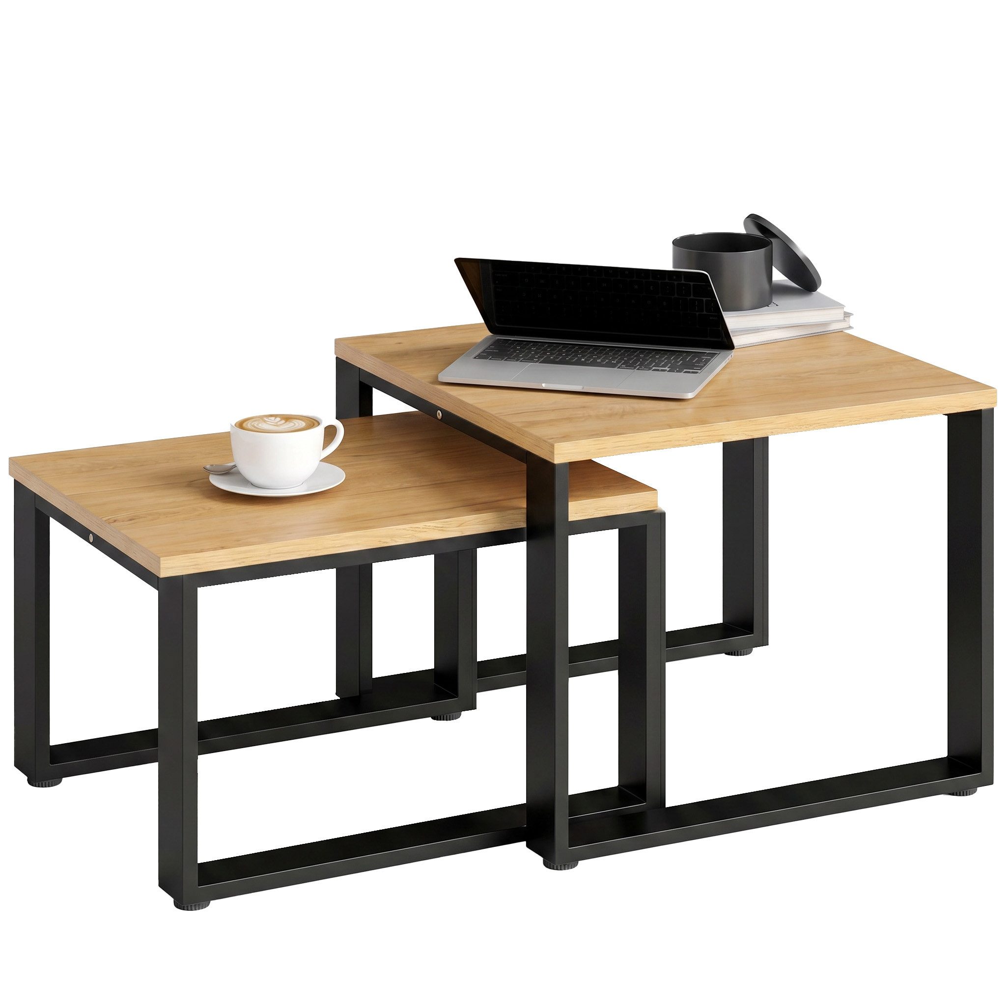 HOMCOM Couchtisch Wohnzimmertisch mit Metallrahmen, Beistelltisch Natur (Kaffeetisch, 2-St., Satztisch), modernes Design